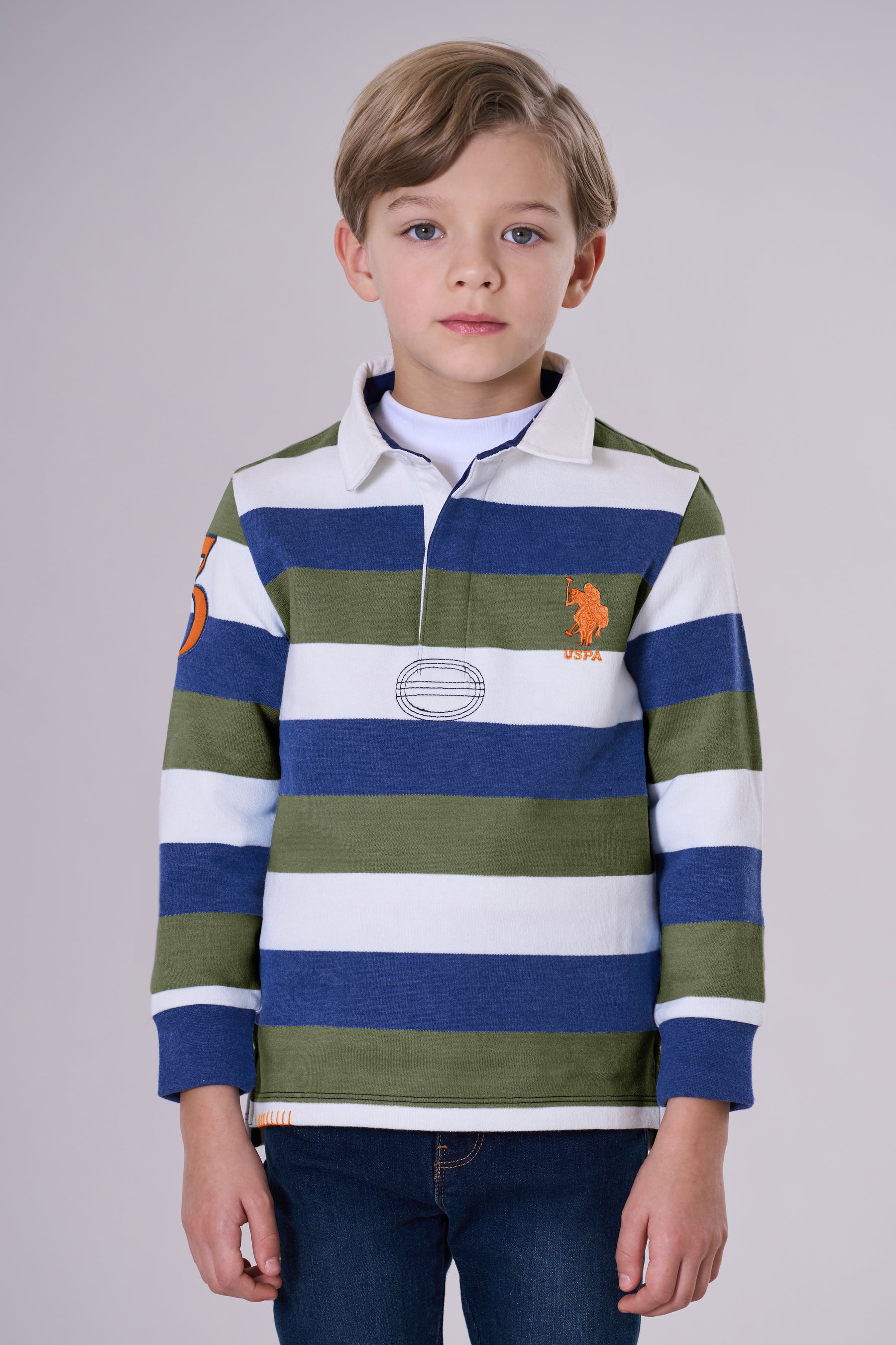 Polo shirt a maniche lunghe in cotone interlock a righe con numero