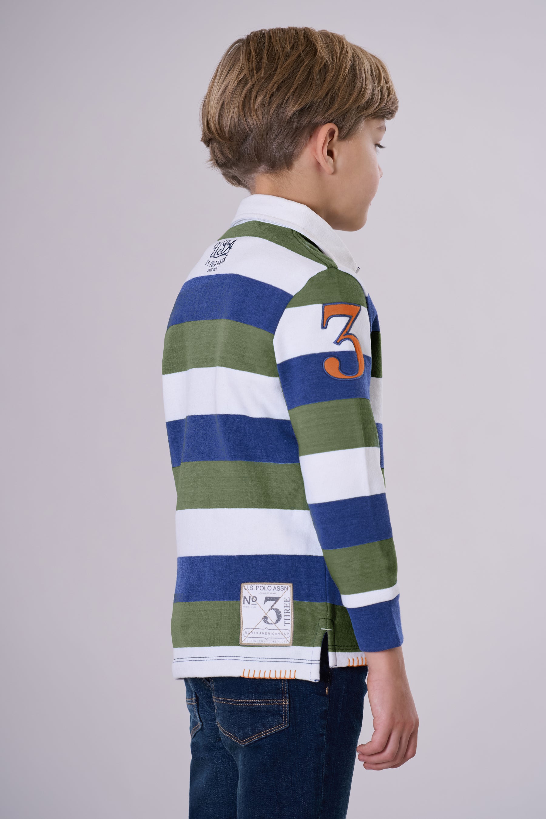 Polo shirt a maniche lunghe in cotone interlock a righe con numero