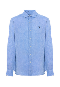 Camicia in lino chambray slim fit con logo