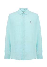 Camicia in lino chambray slim fit con logo