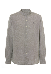 Camicia in lino chambray colletto mandarin slim fit con logo