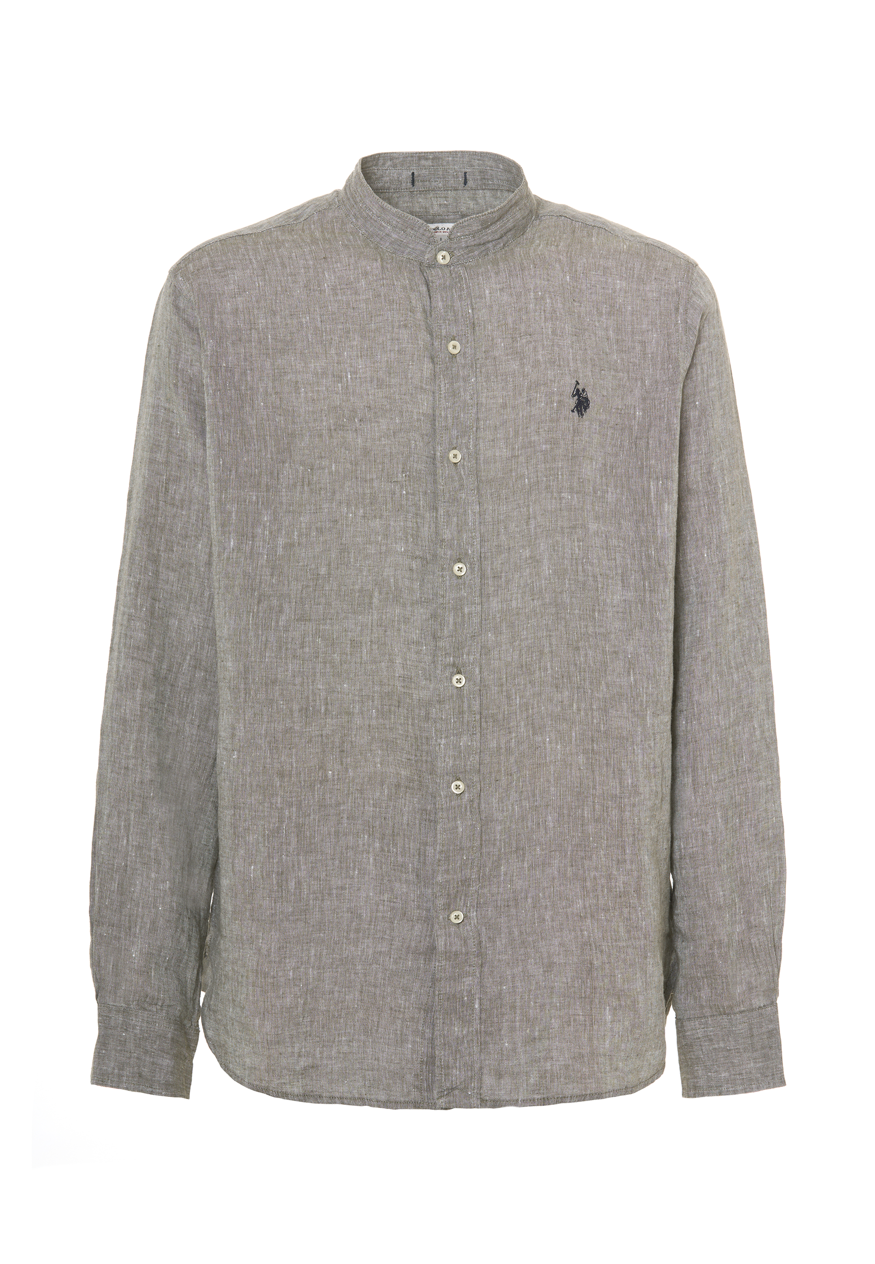 Camicia in lino chambray colletto mandarin slim fit con logo