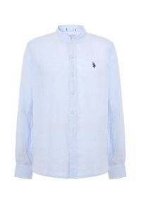 Camicia in lino chambray colletto mandarin slim fit con logo