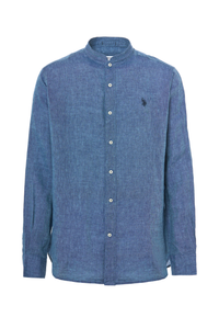 Camicia in lino chambray colletto mandarin slim fit con logo