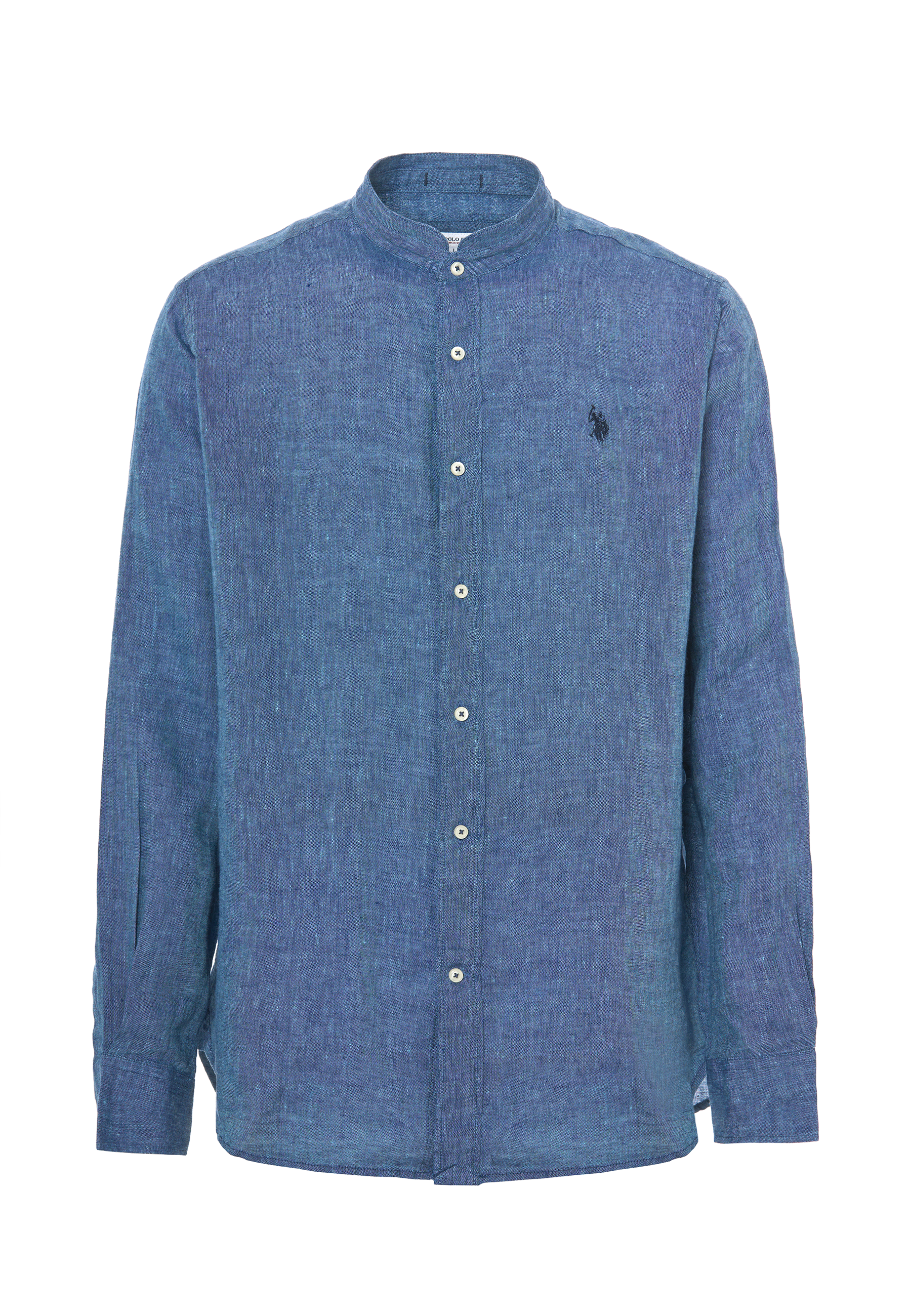Camicia in lino chambray colletto mandarin slim fit con logo