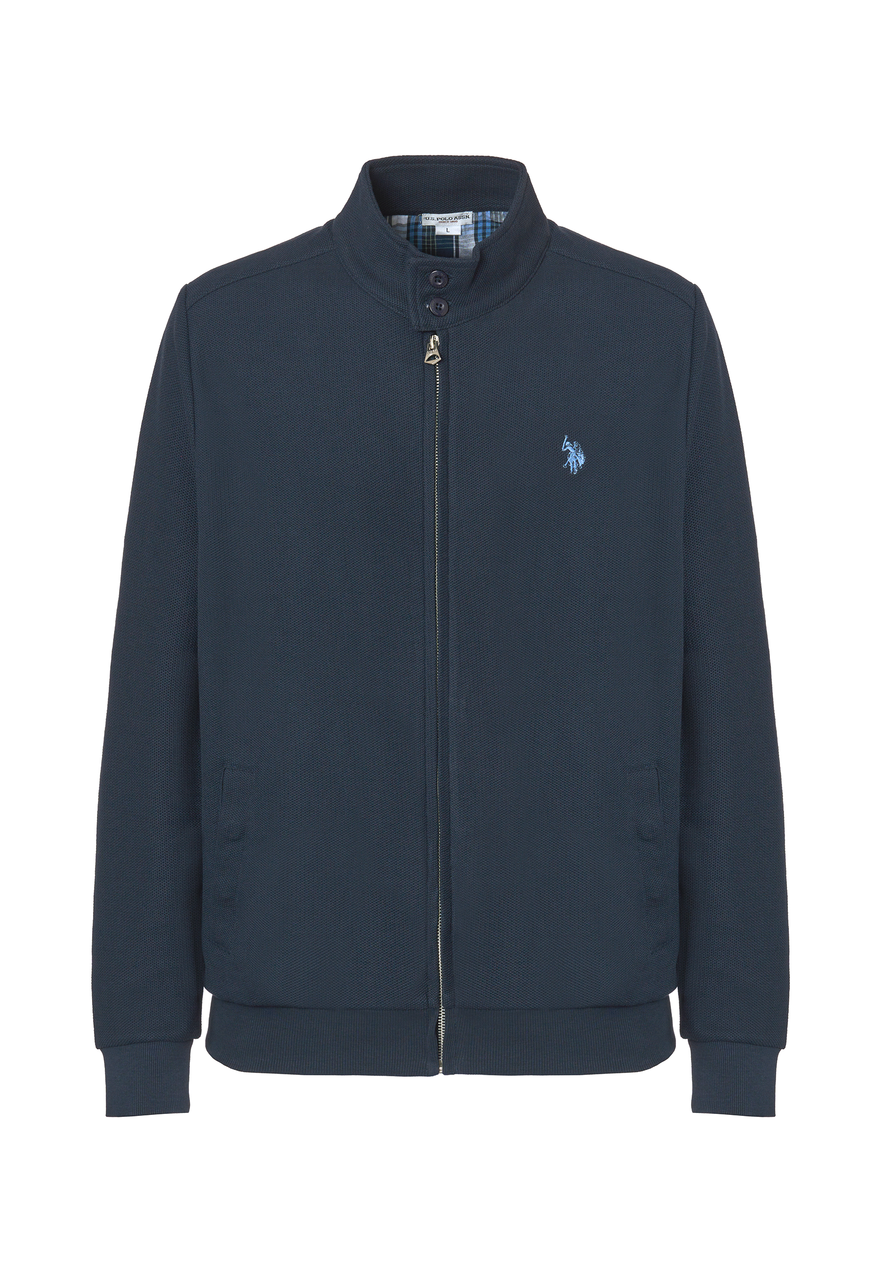 Felpa a collo alto in cotone piquet con interno tartan e chiusura zip