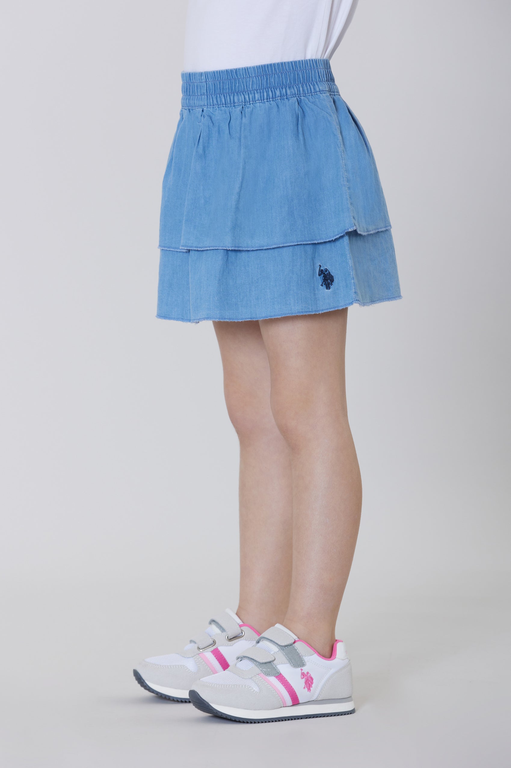 Gonna con balze in denim twill premium quality con logo