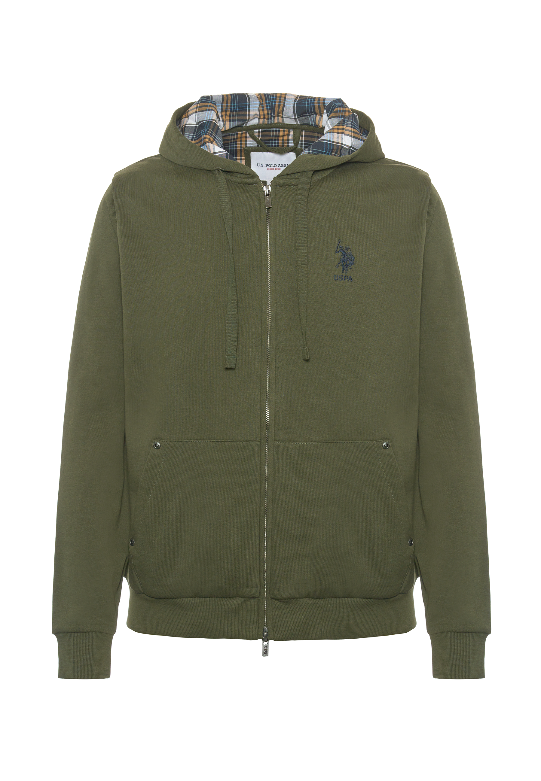 Felpa in cotone con cappuccio tartan e zip