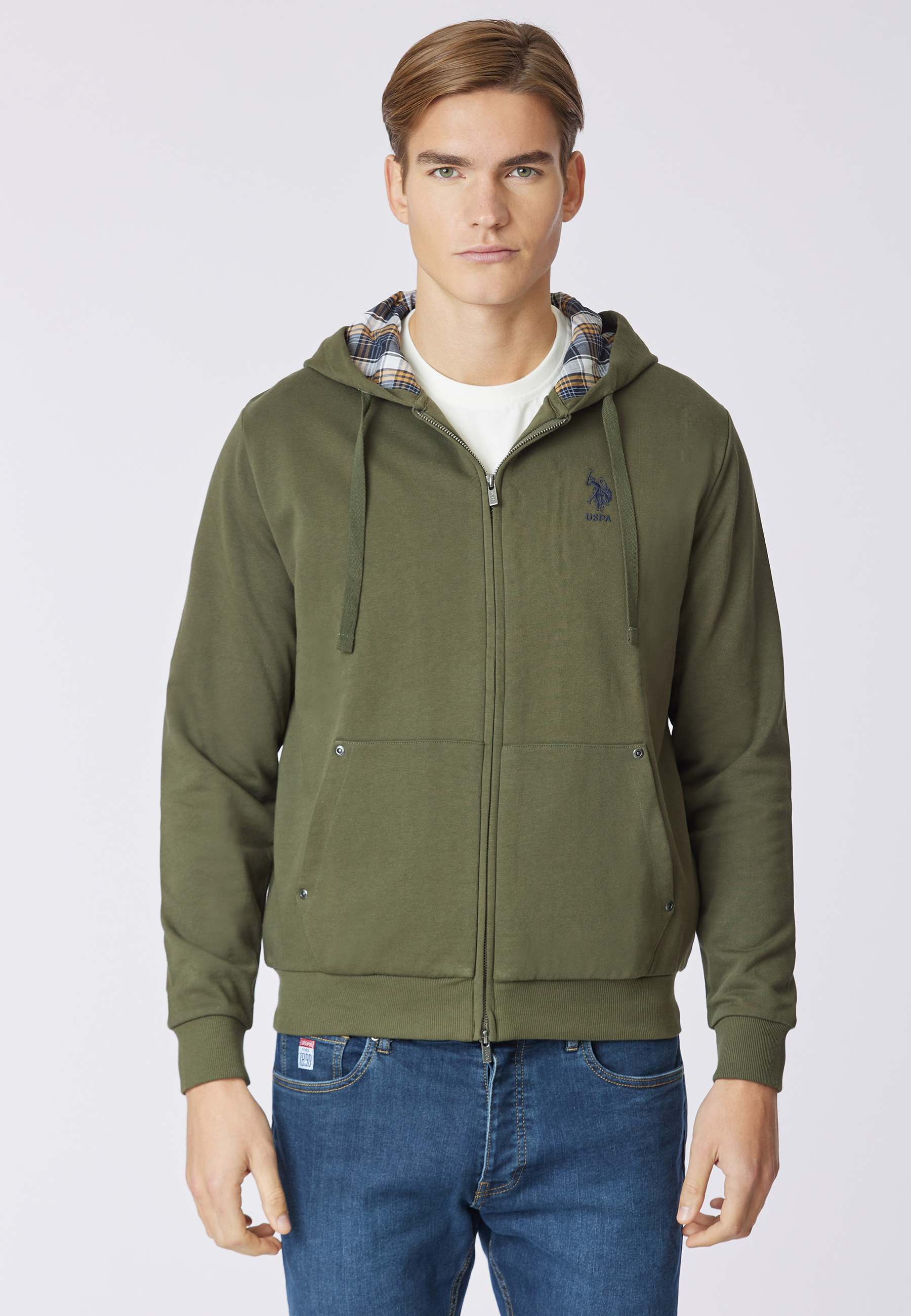 Felpa in cotone con cappuccio tartan e zip