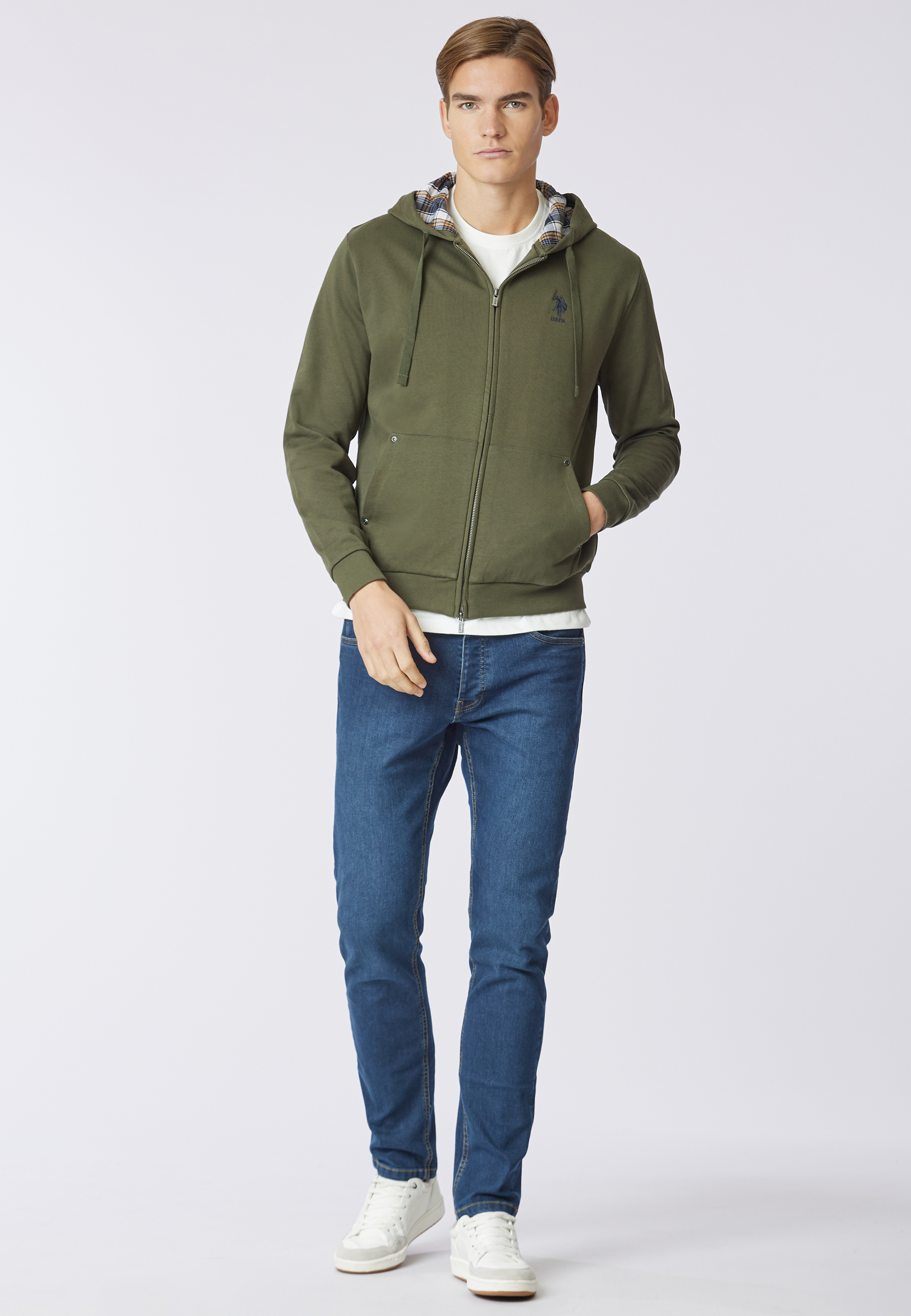 Felpa in cotone con cappuccio tartan e zip