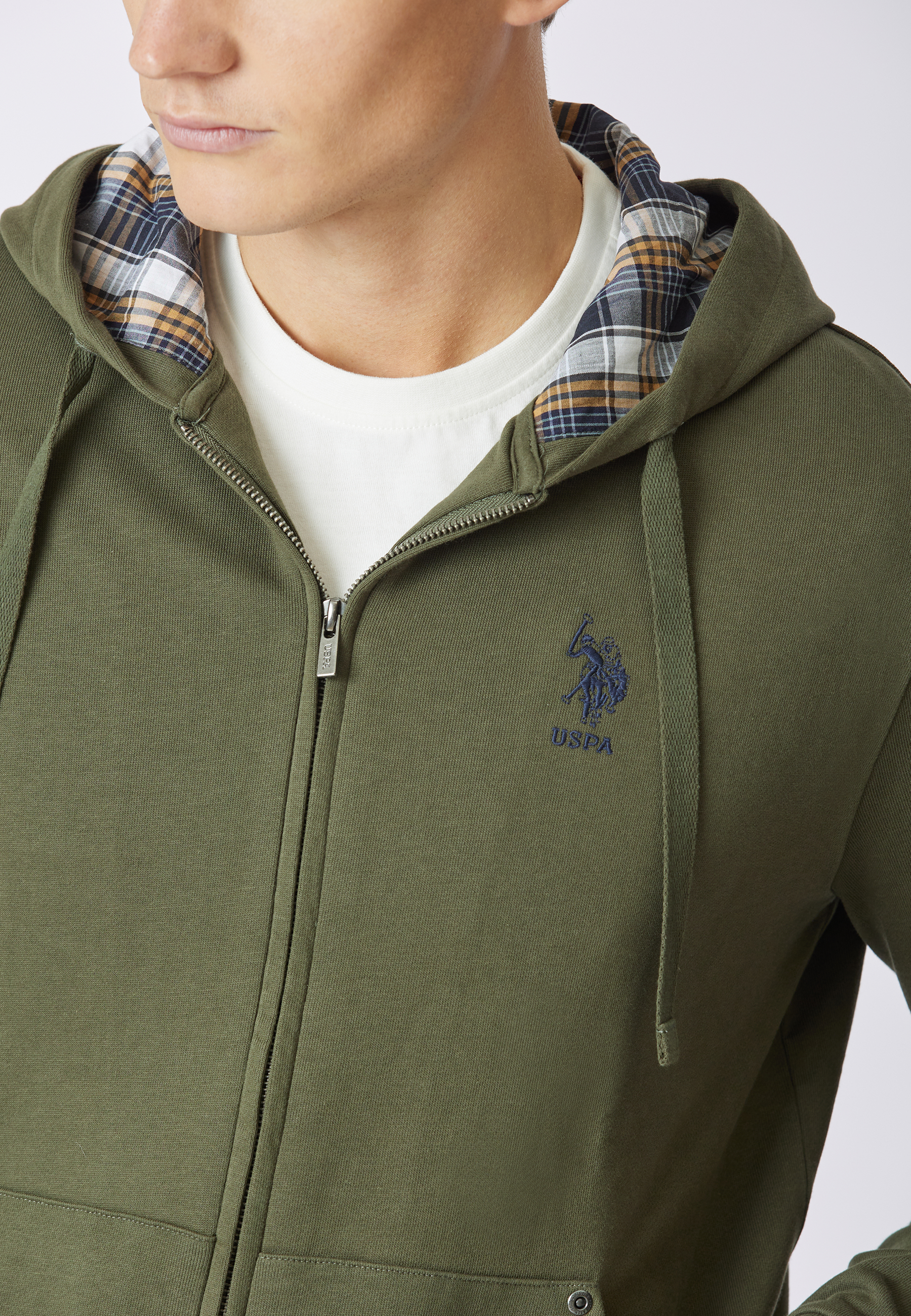 Felpa in cotone con cappuccio tartan e zip