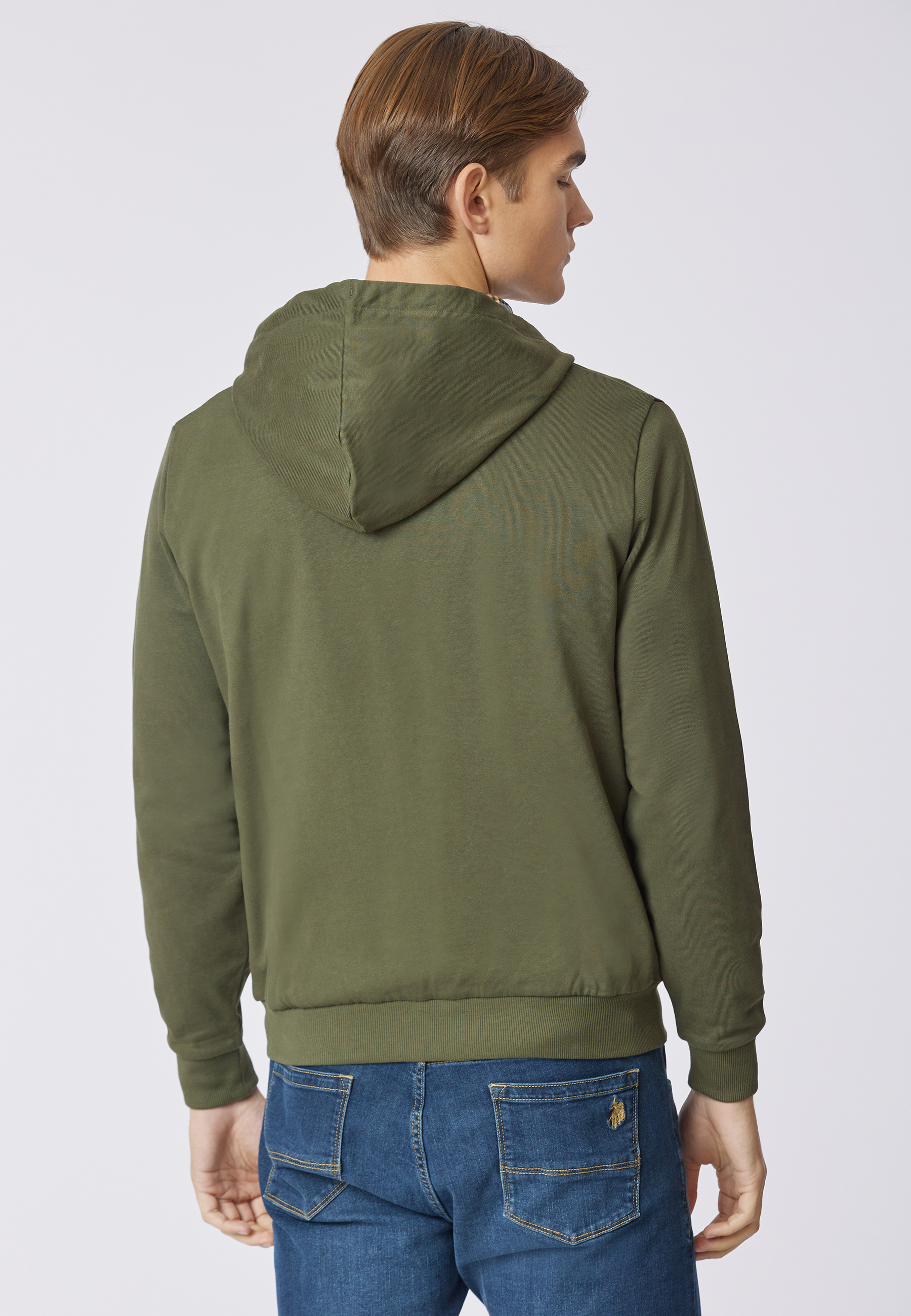 Felpa in cotone con cappuccio tartan e zip