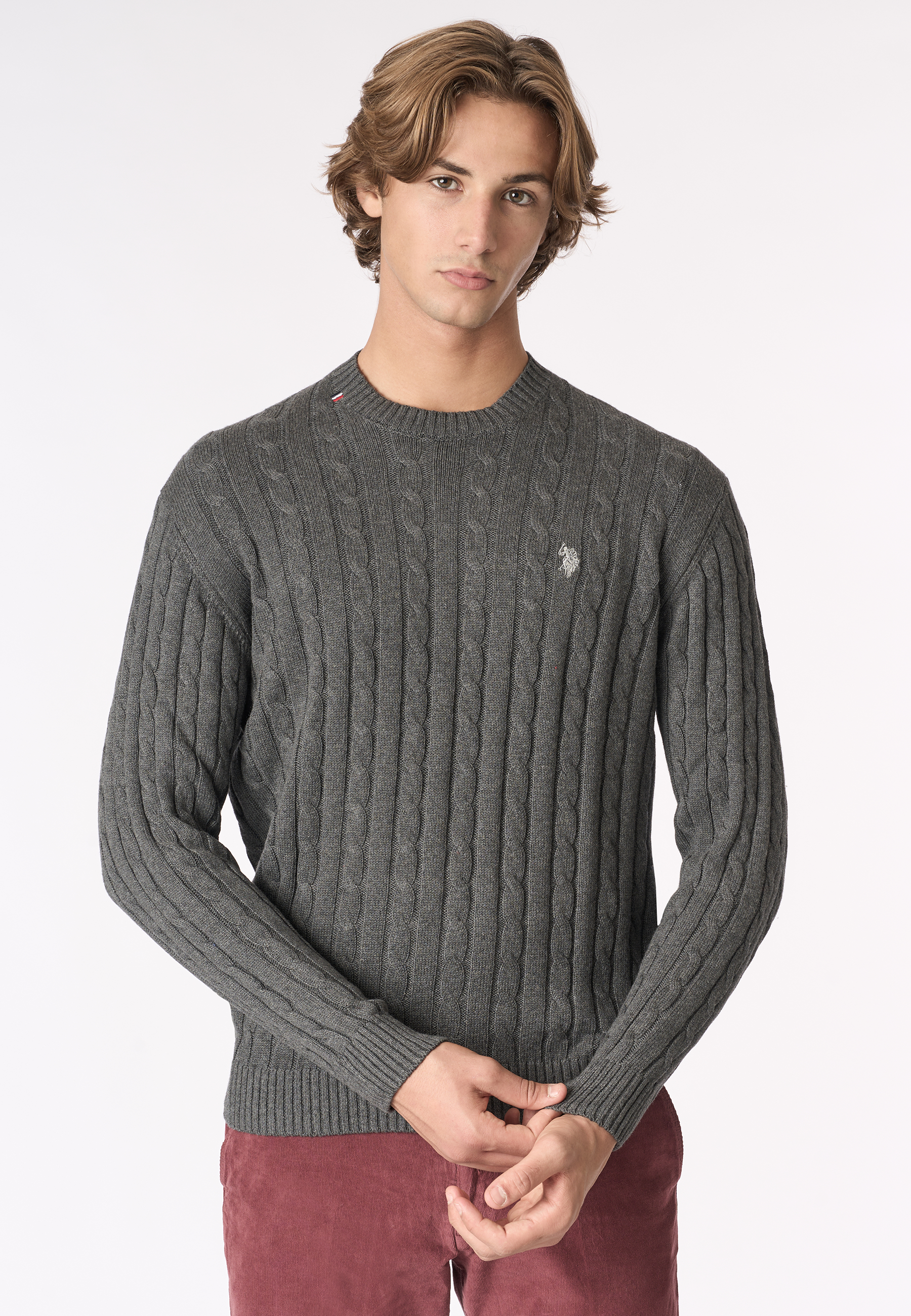 Maglia girocollo a treccia in cotone e cashmere