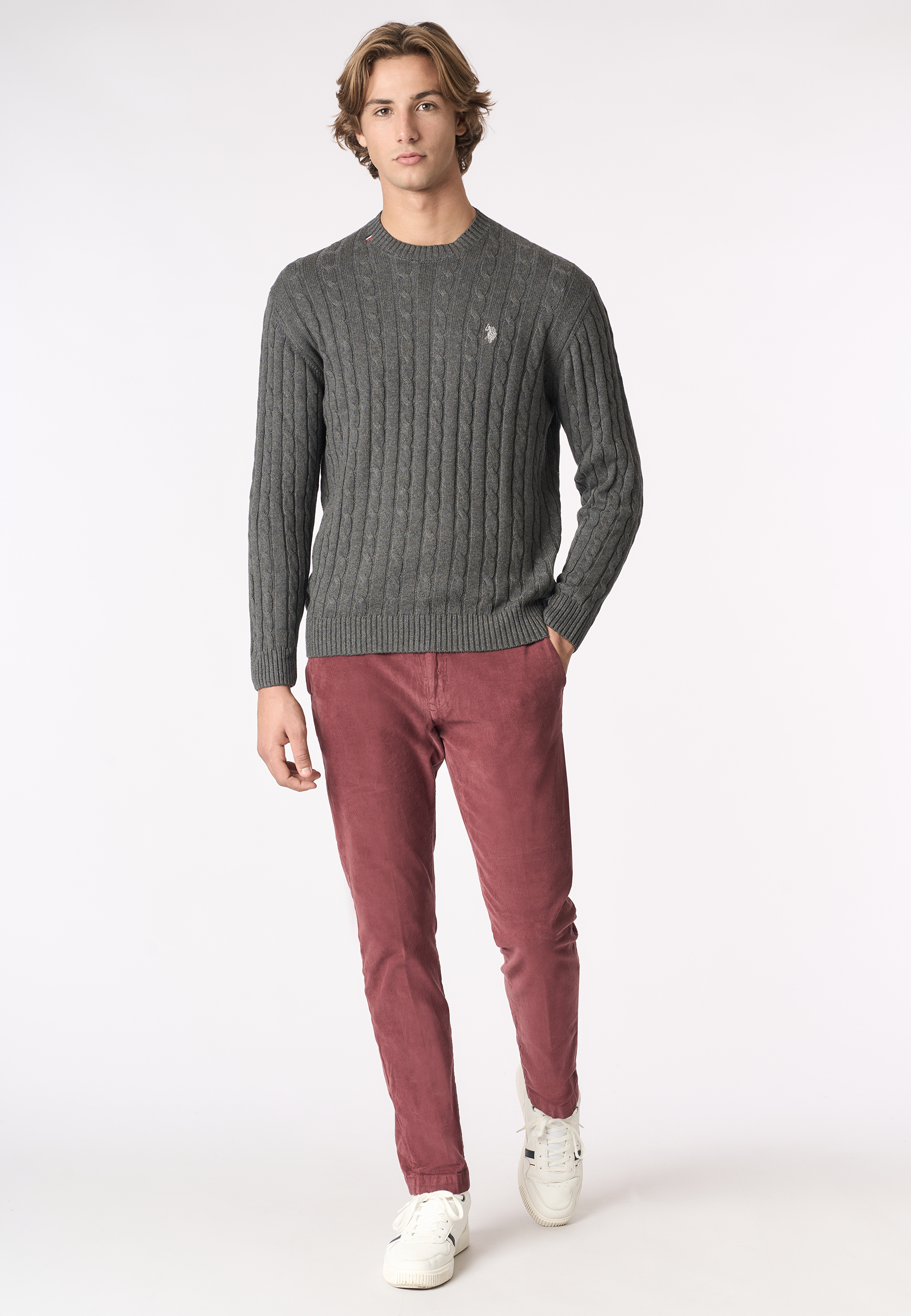 Maglia girocollo a treccia in cotone e cashmere