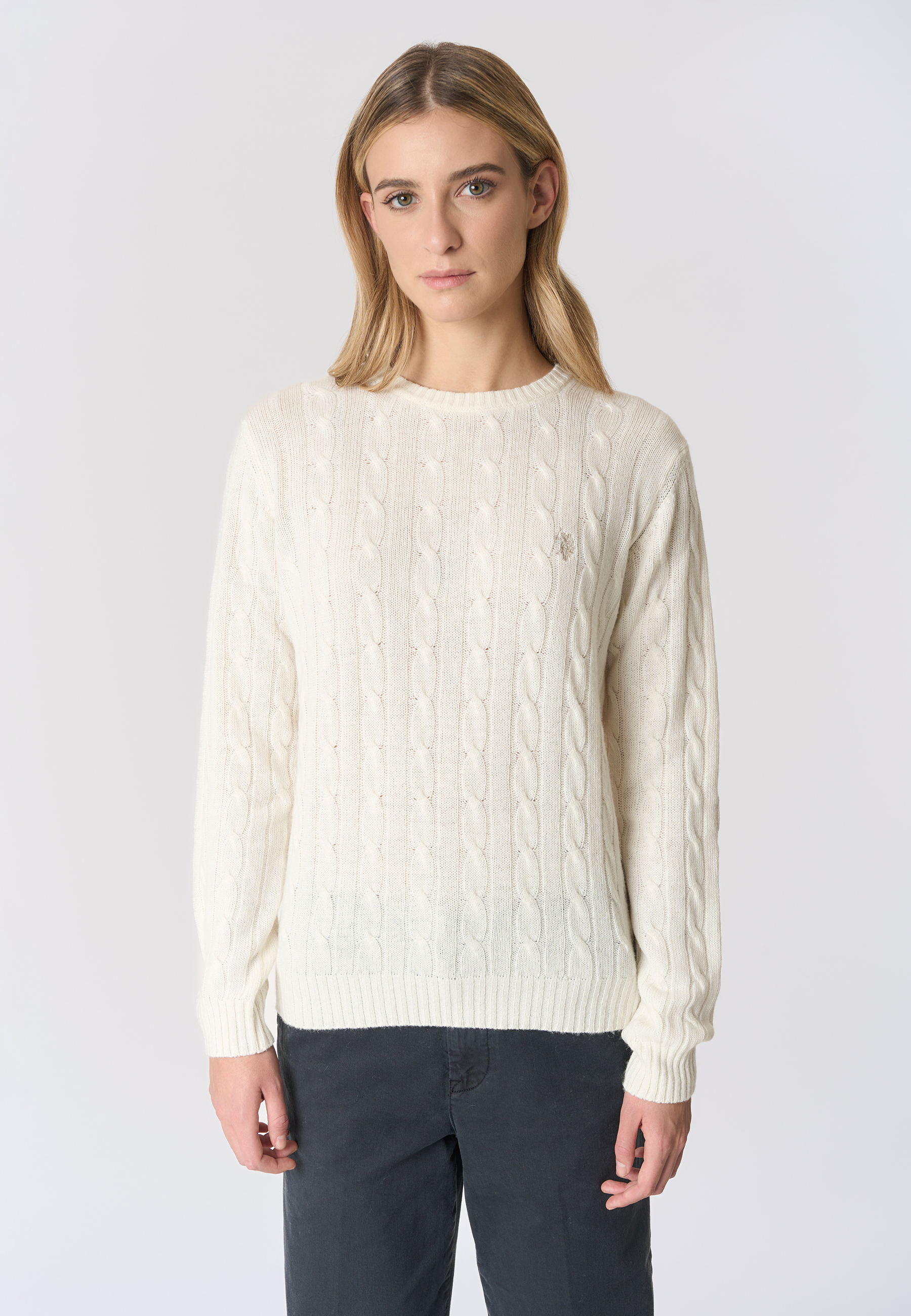 Maglia girocollo misto lana a treccia