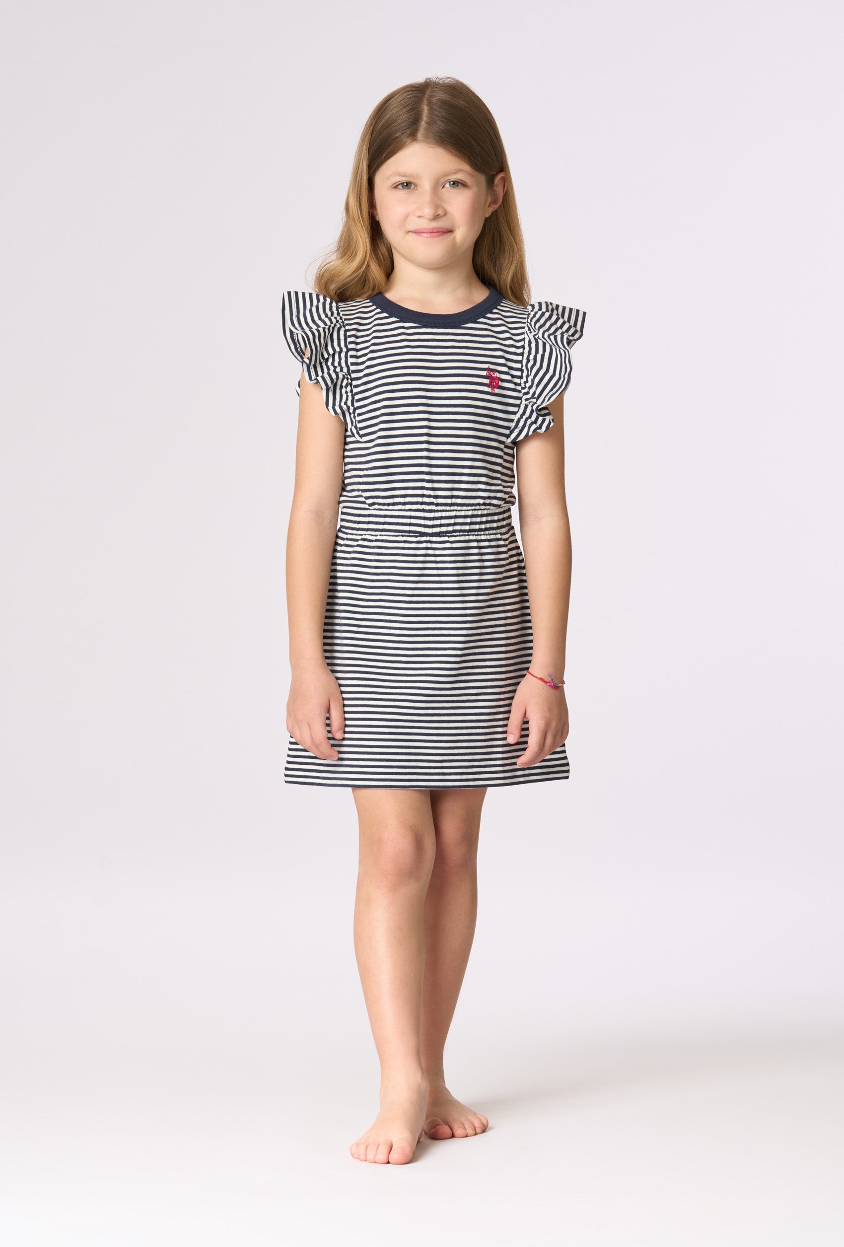 Abito da bambina in cotone stretch a righe con maniche volant