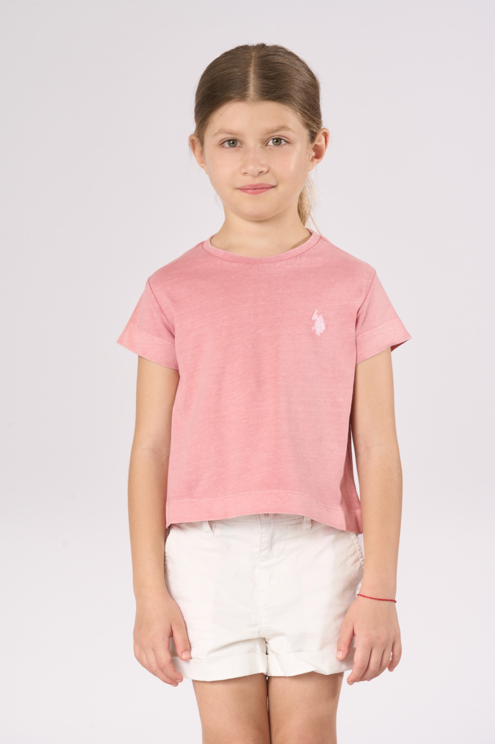 T-shirt da bambina a maniche corte in cotone tinto capo con logo ricamato