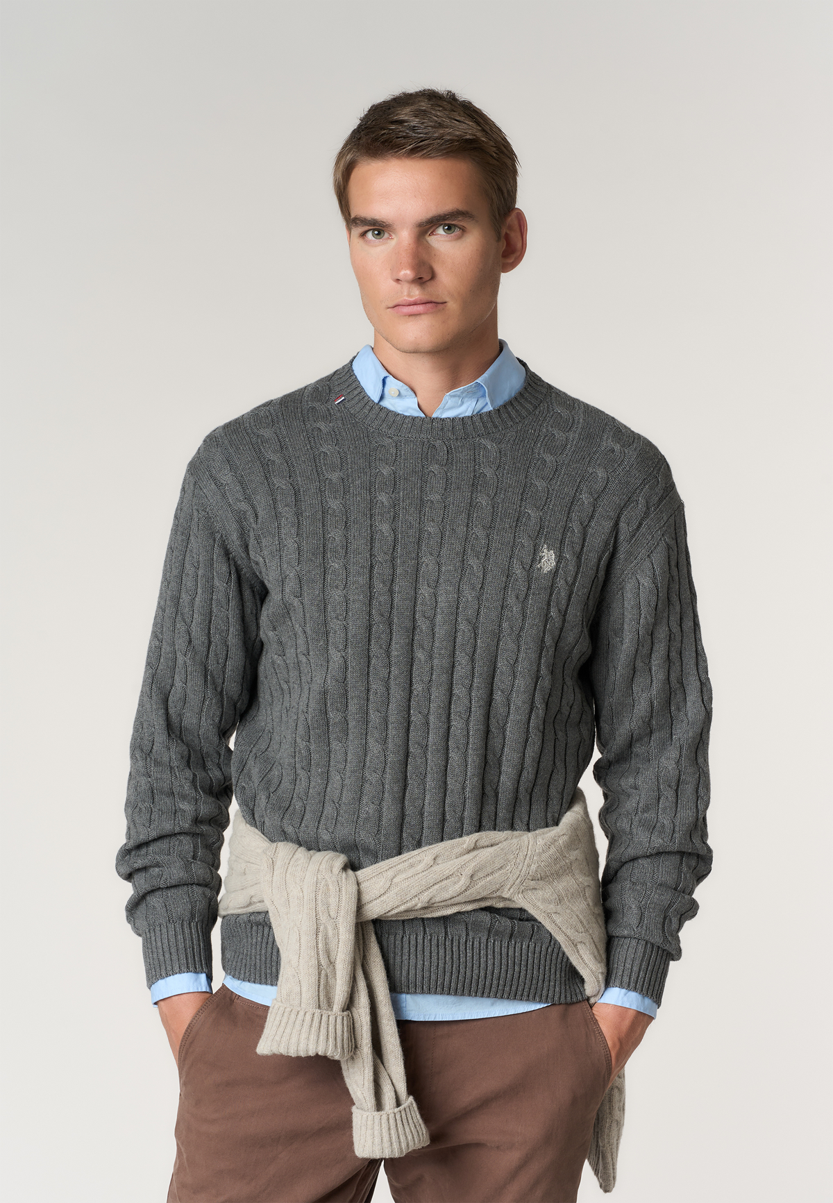 Maglia girocollo a trecce in cotone e cashmere