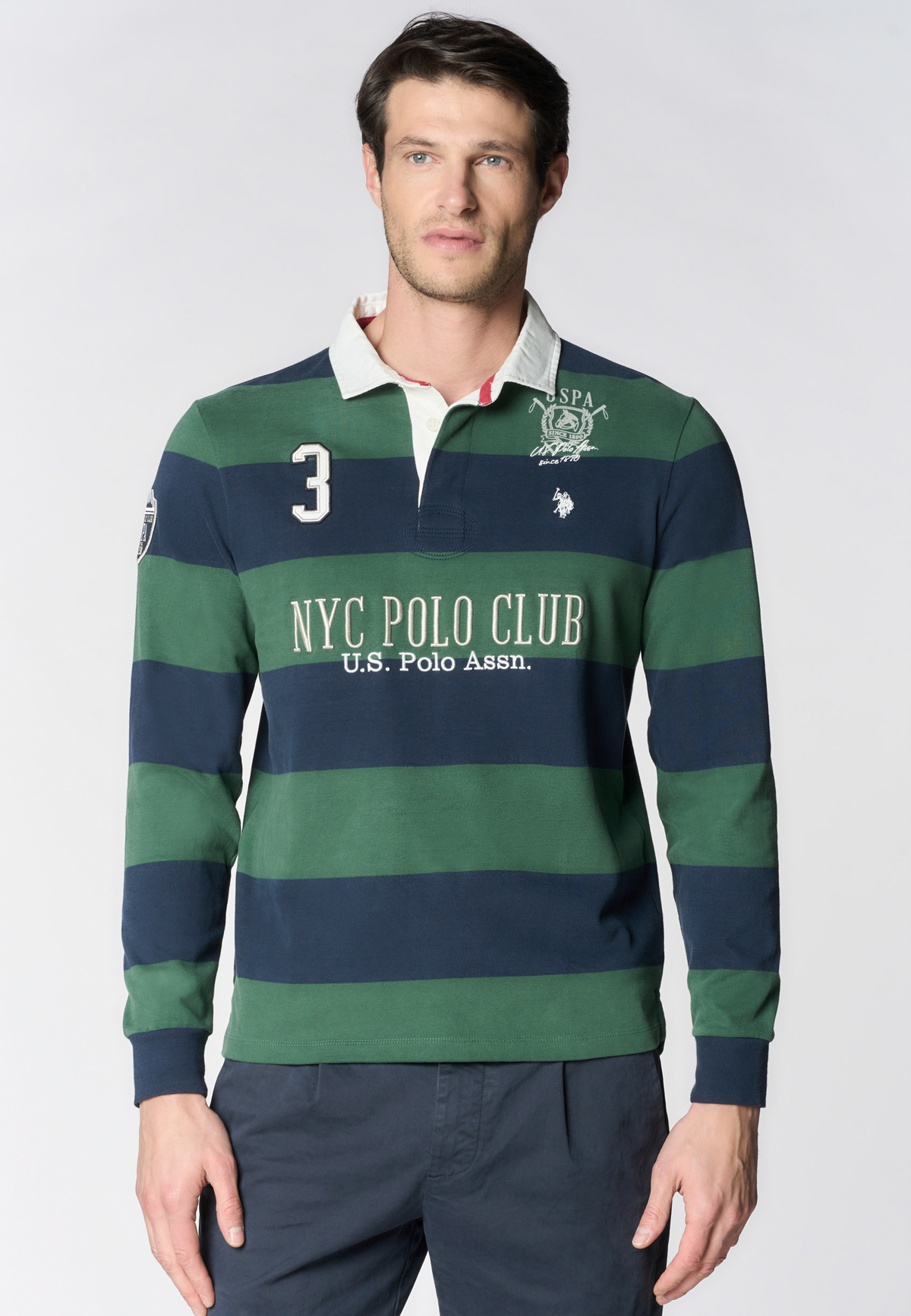 Polo shirt rugby a maniche lunghe a righe in cotone