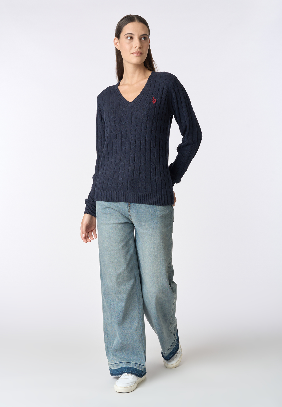 Maglia scollo a V in cotone e cashmere con lavorazione a trecce