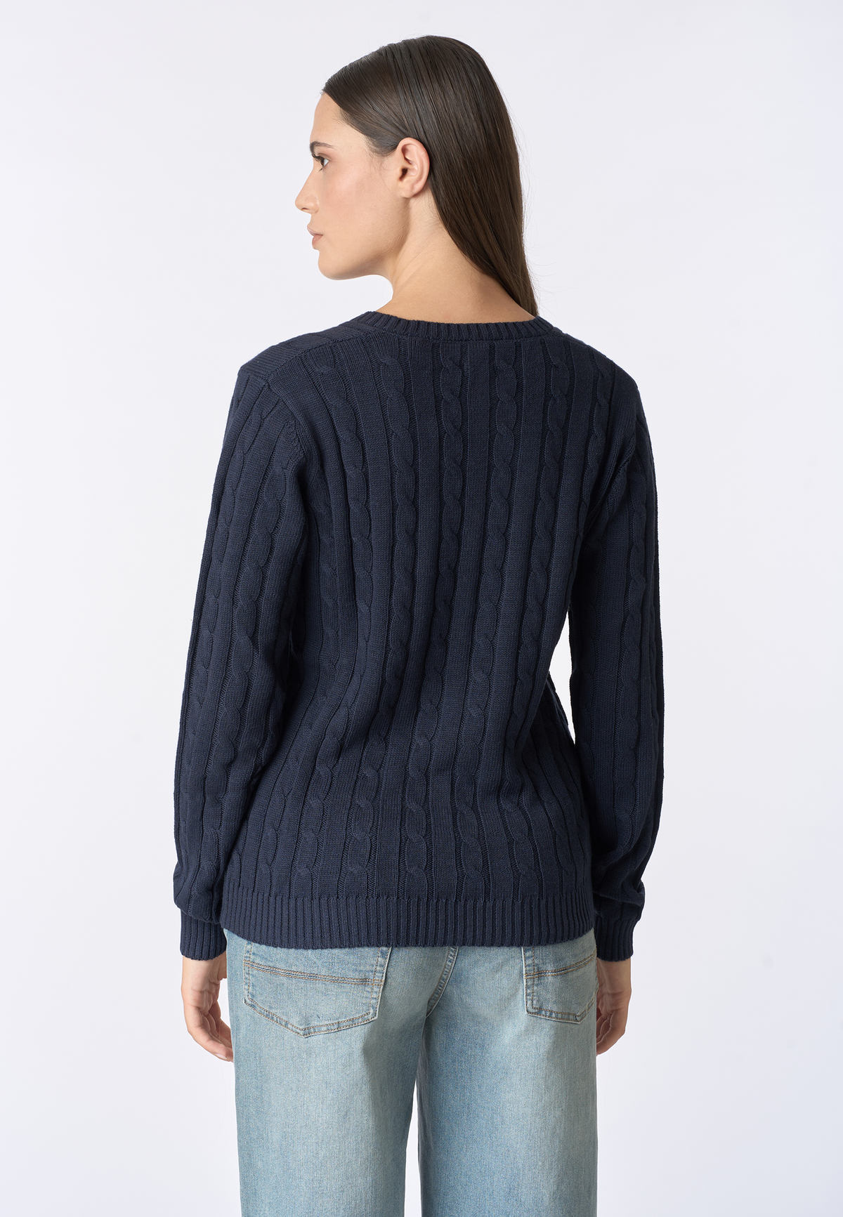 Maglia scollo a V in cotone e cashmere con lavorazione a trecce