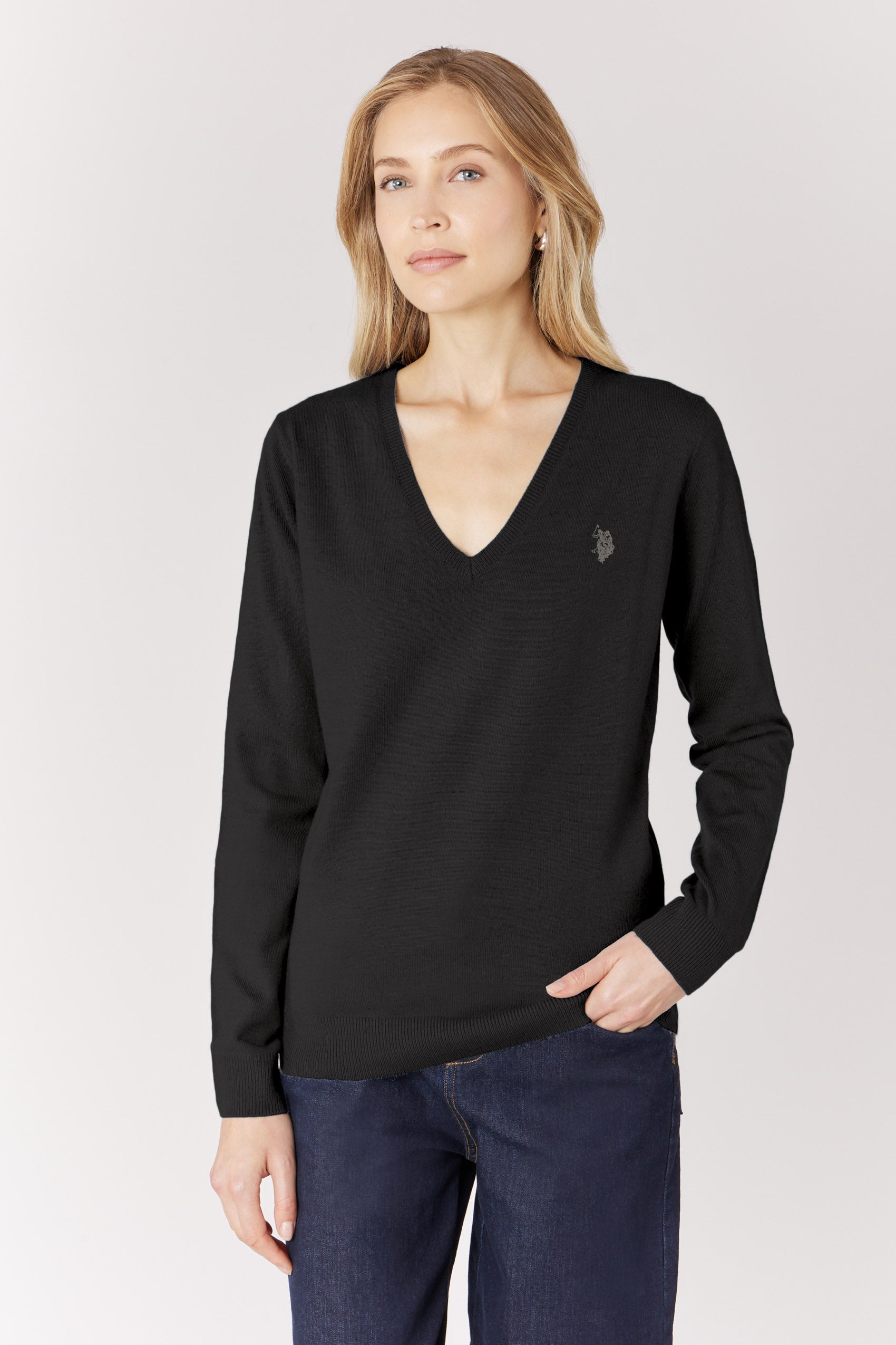 Maglia donna con scollo a V e logo Double Horsemen