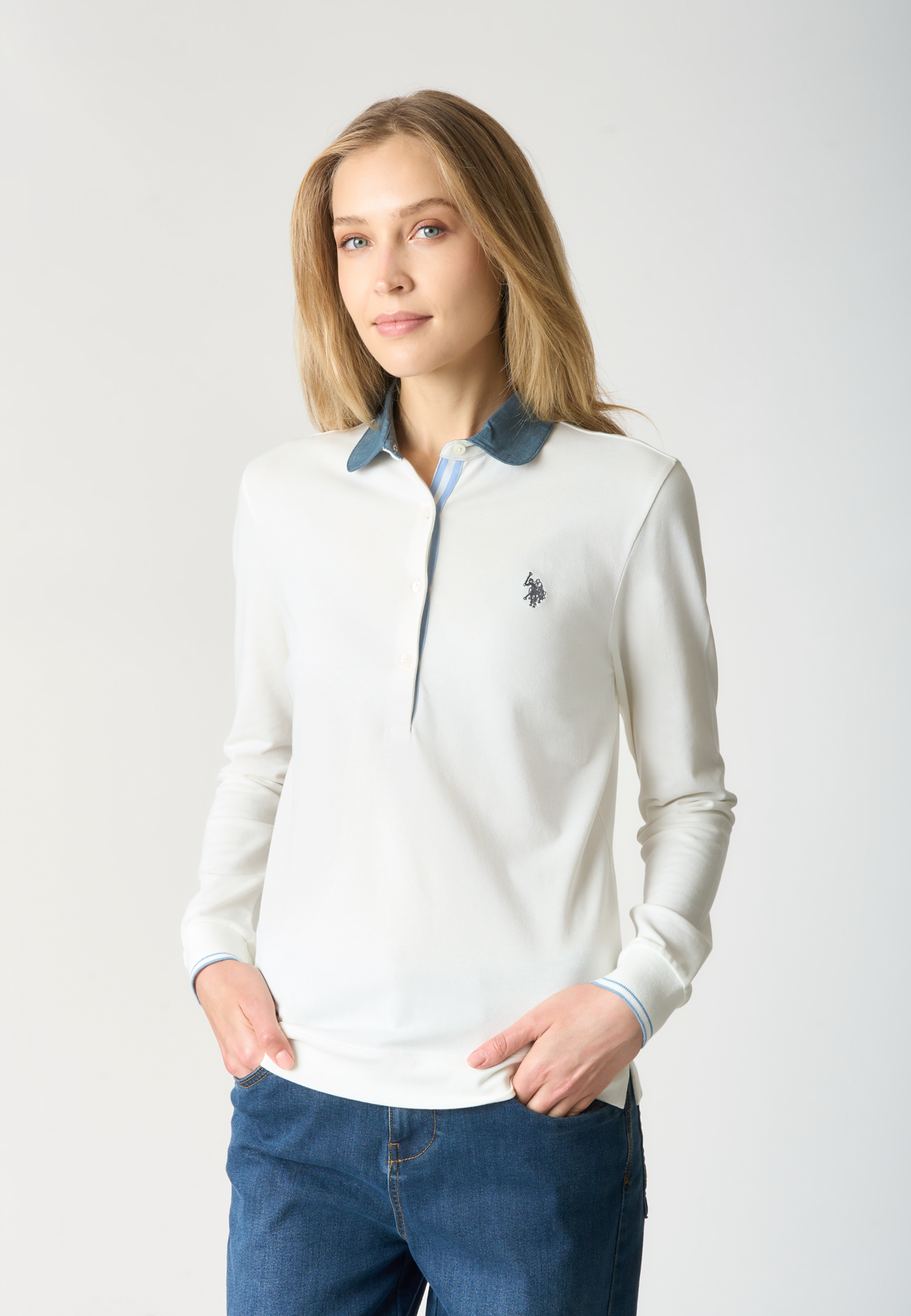 Polo shirt a maniche lunghe in cotone stretch con colletto a contrasto