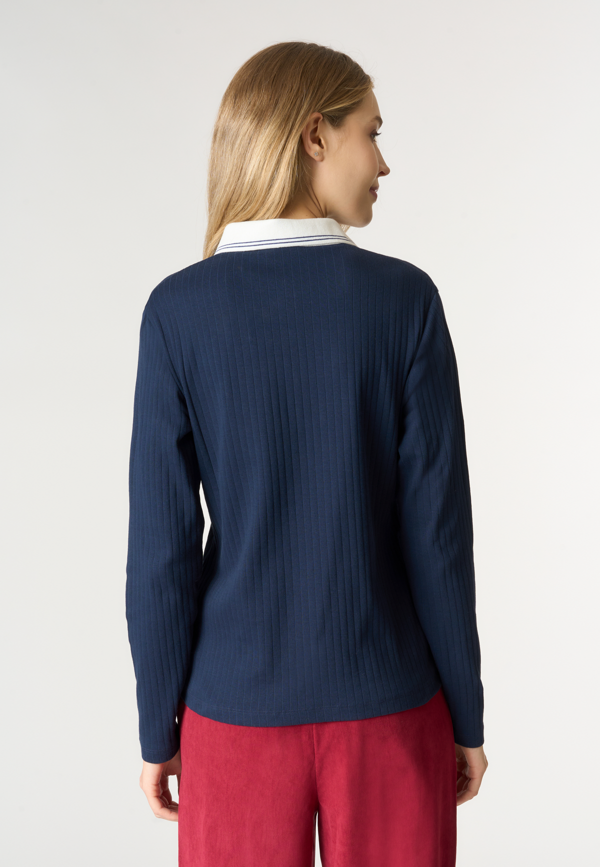 Polo shirt a maniche lunghe in cotone a costine con colletto a contrasto
