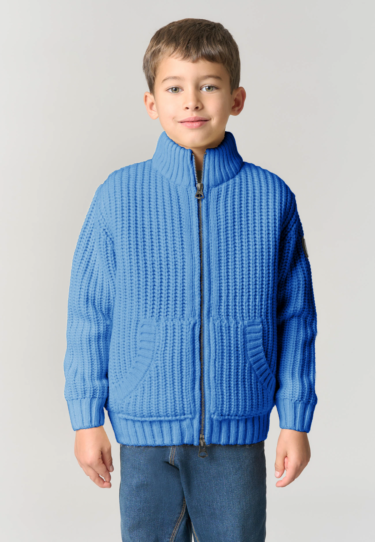 Cardigan a coste con full zip e collo alto