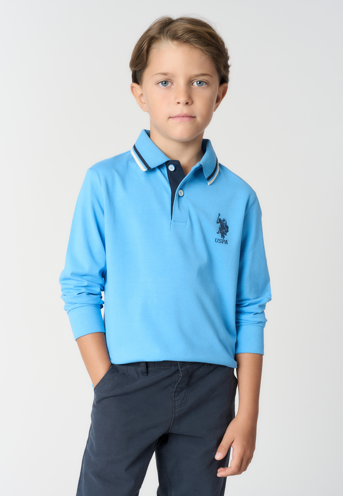 Polo shirt bambino a maniche lunghe in cotone con profili a contrasto