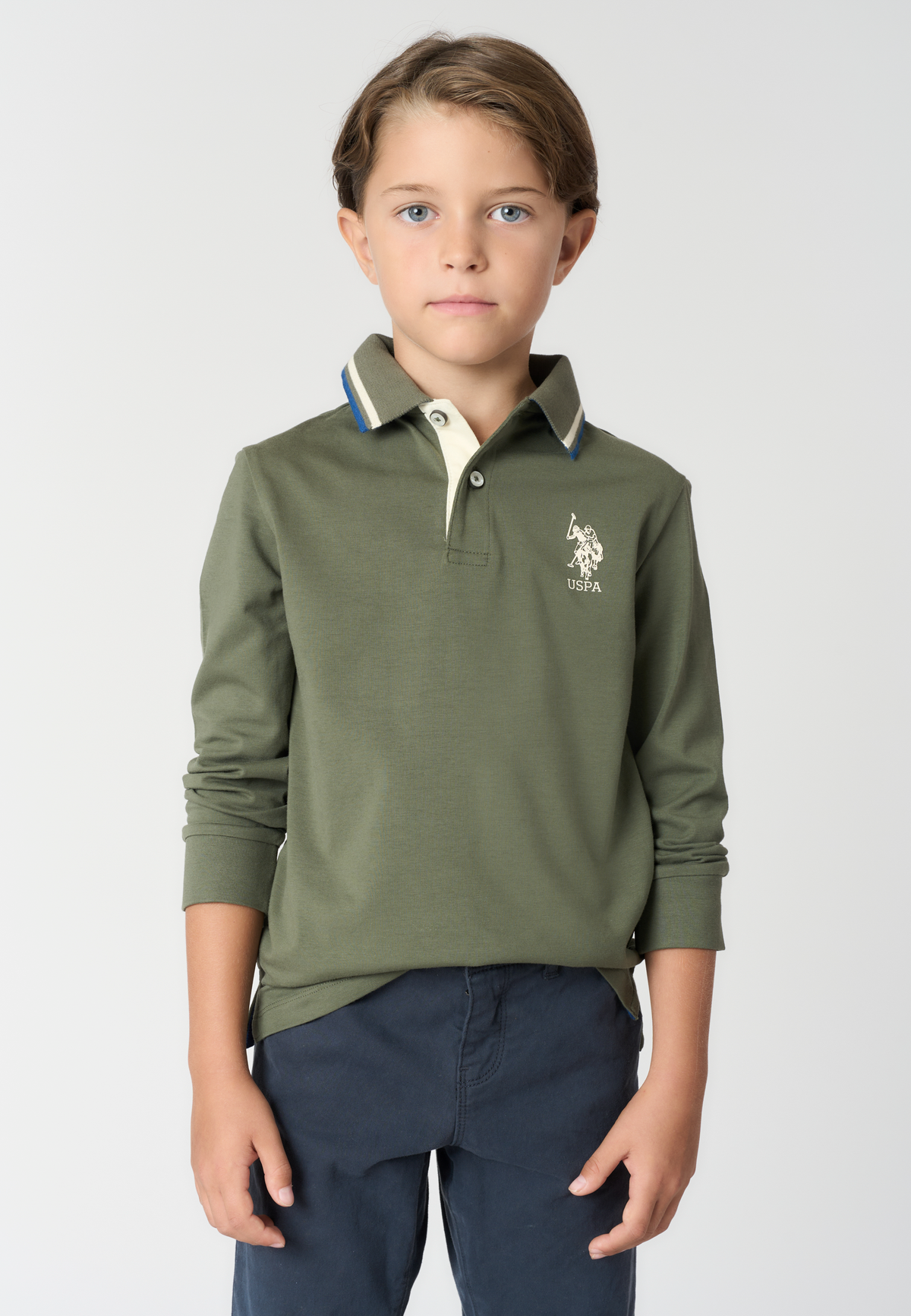 Polo shirt bambino a maniche lunghe in cotone con profili a contrasto