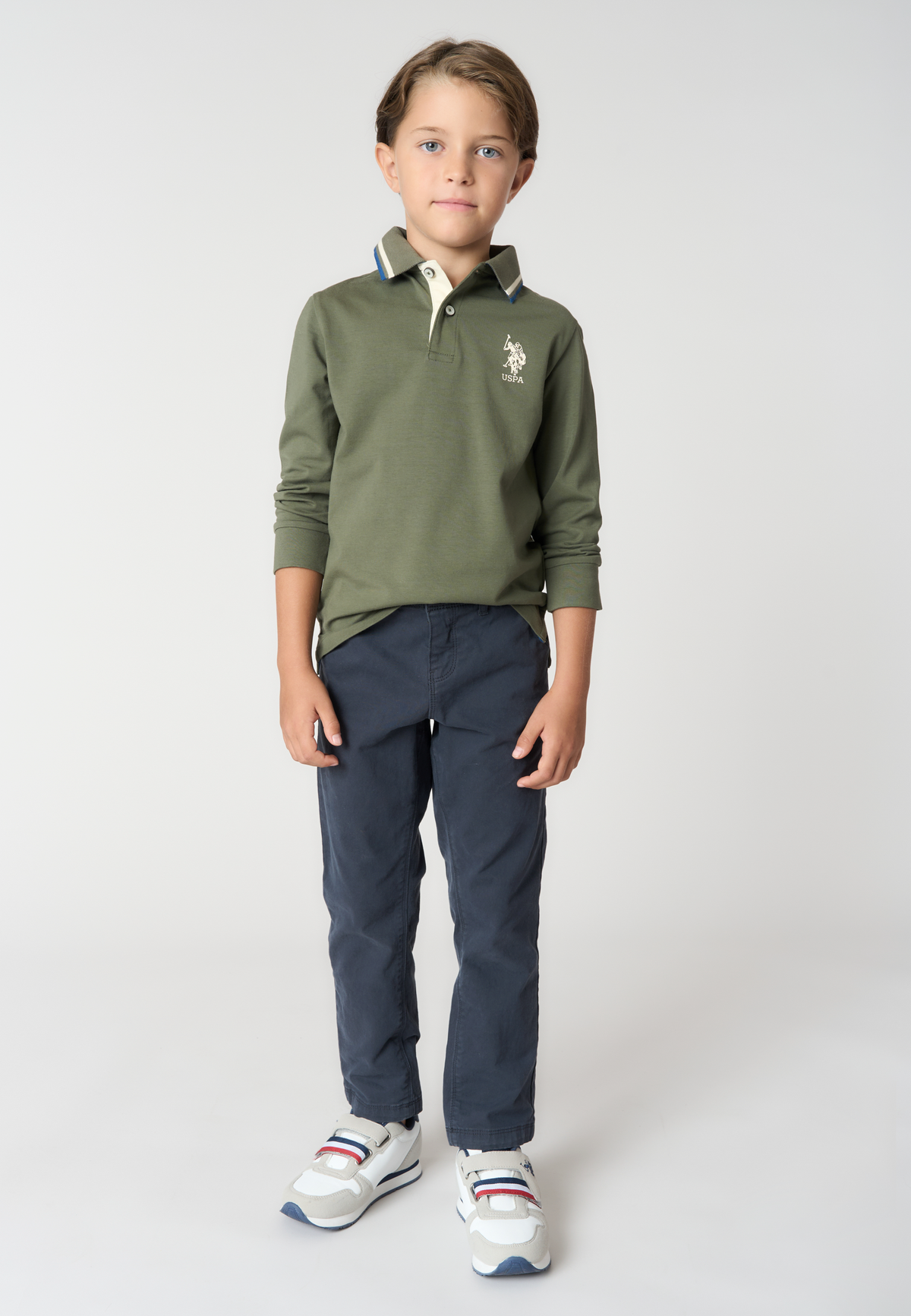Polo shirt bambino a maniche lunghe in cotone con profili a contrasto