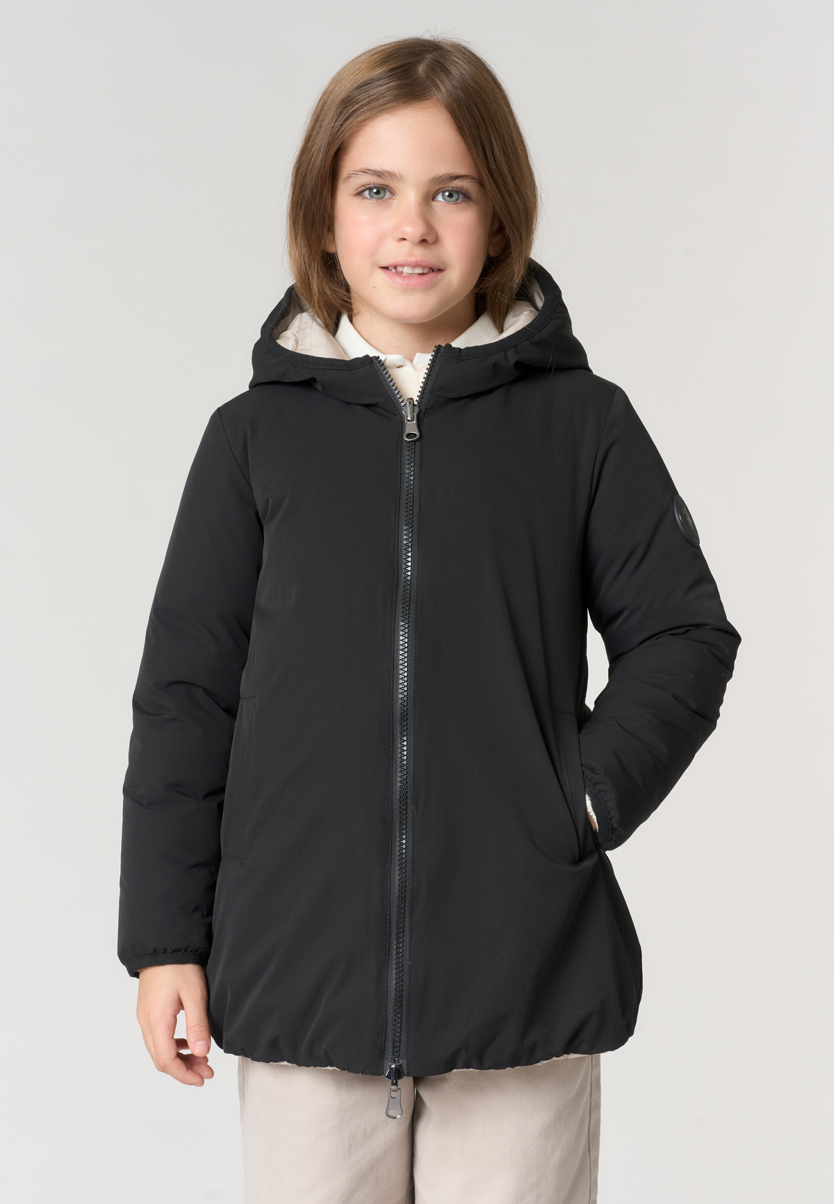 Giacca lunga reversibile da bambina con cappuccio e full zip