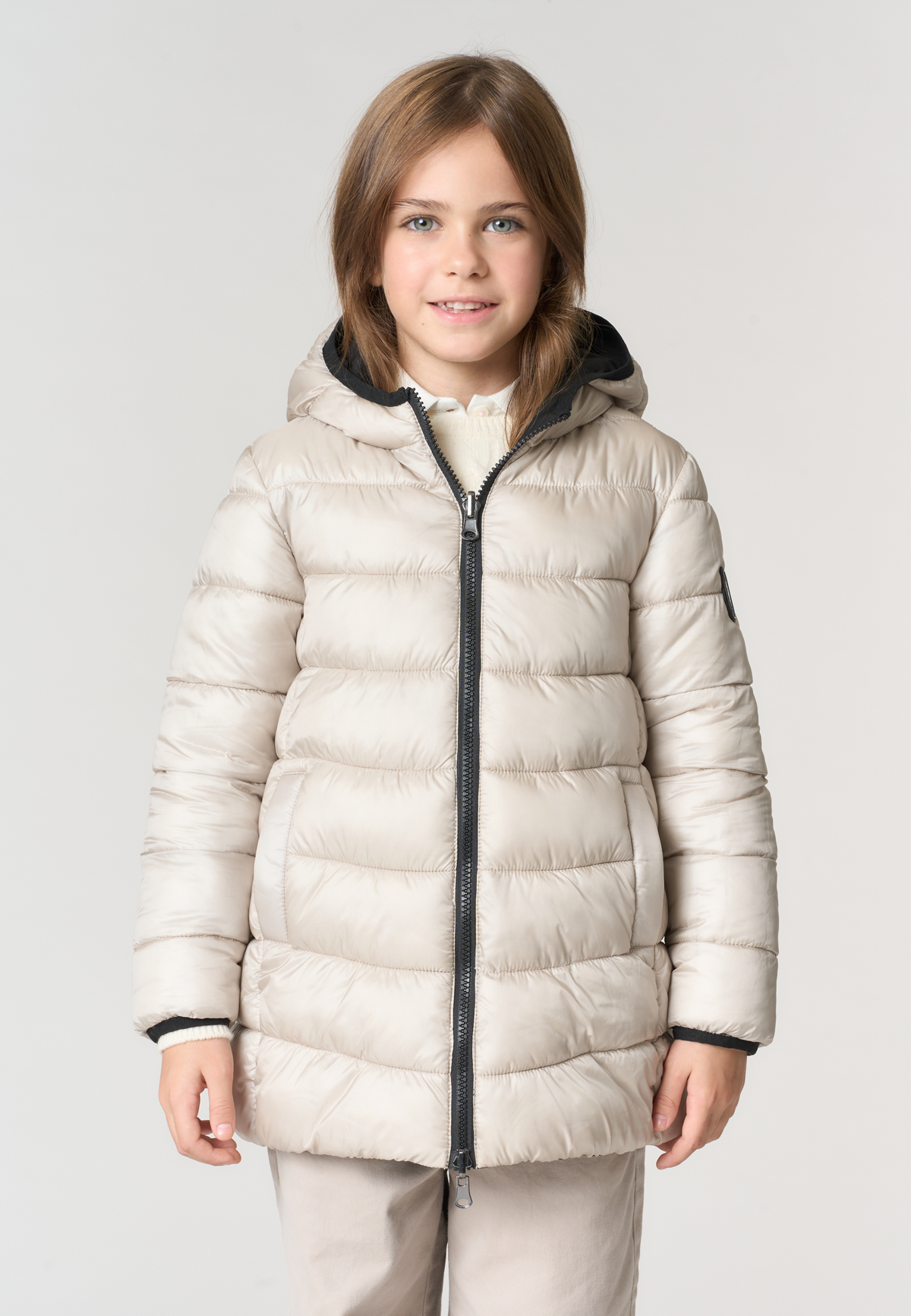 Giacca lunga reversibile da bambina con cappuccio e full zip