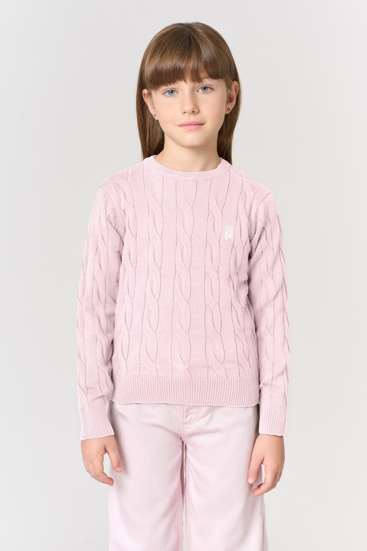 Maglione girocollo a trecce da bambina in misto cotone