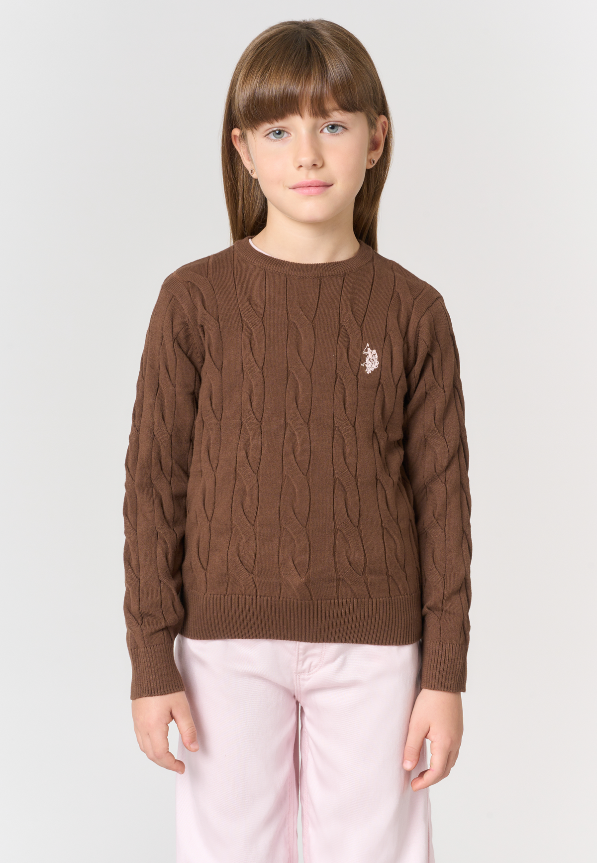 Maglione girocollo a trecce in misto cotone