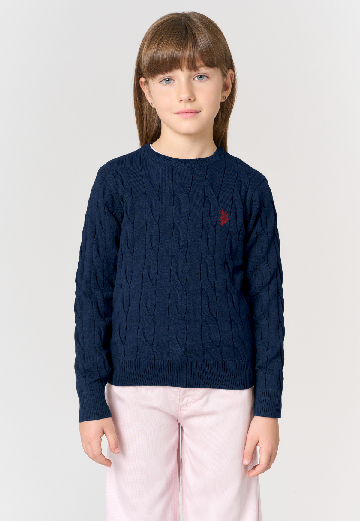 Maglione girocollo a trecce da bambina in misto cotone