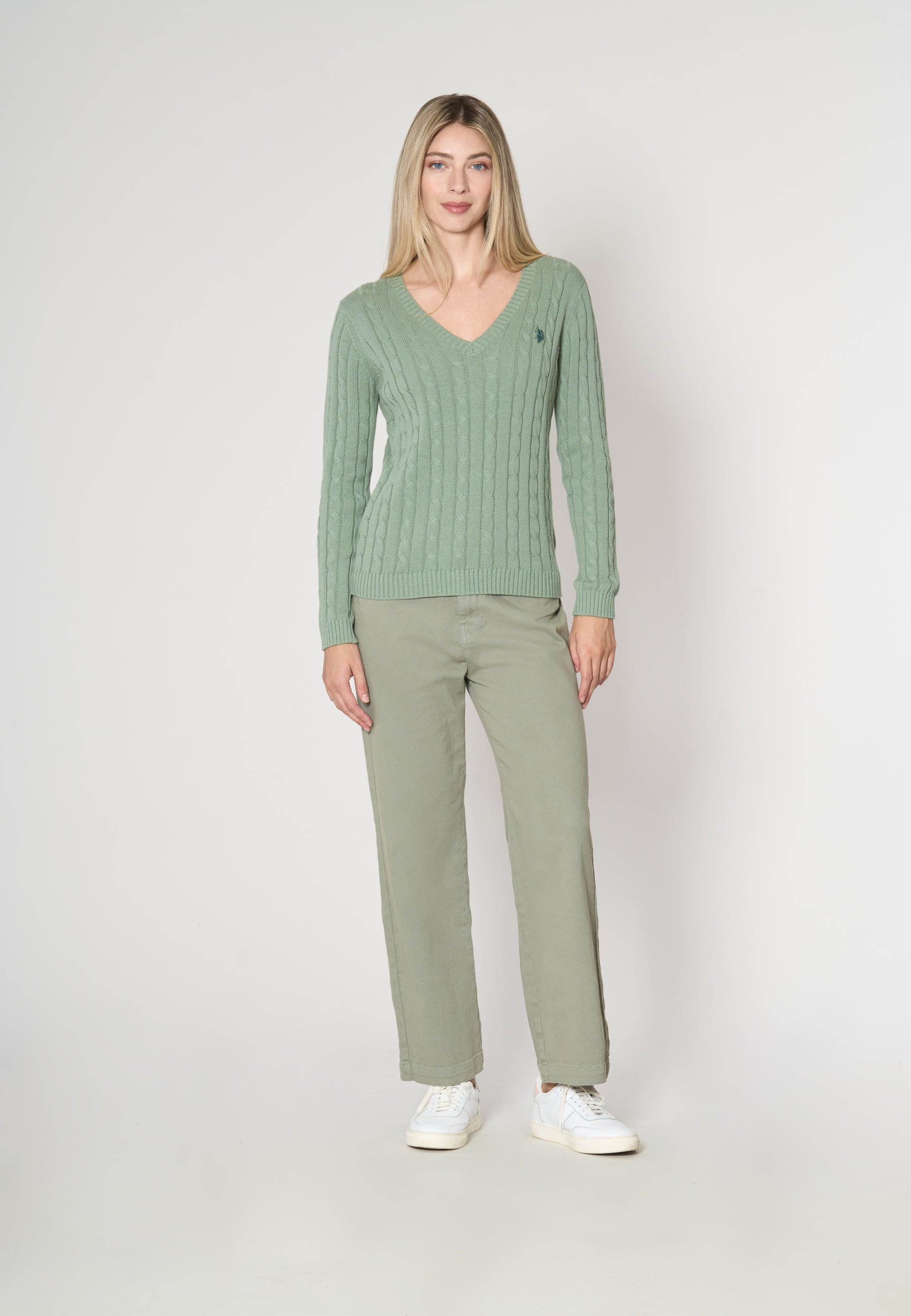 Maglia scollo a V a treccia in cotone e cashmere