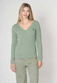 Maglia scollo a V a treccia in cotone e cashmere