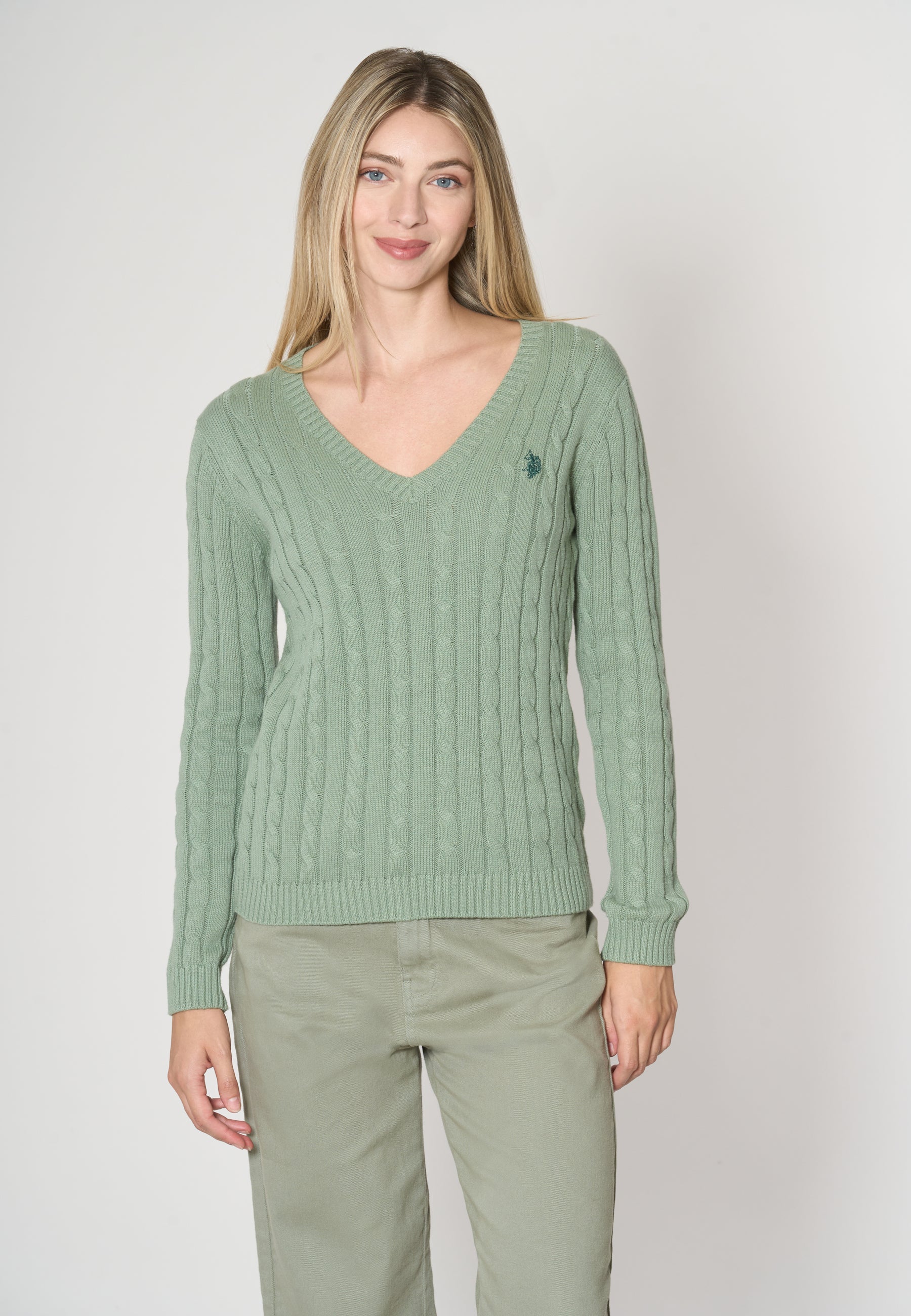 Maglia scollo a V a treccia in cotone e cashmere