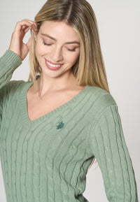 Maglia scollo a V a treccia in cotone e cashmere