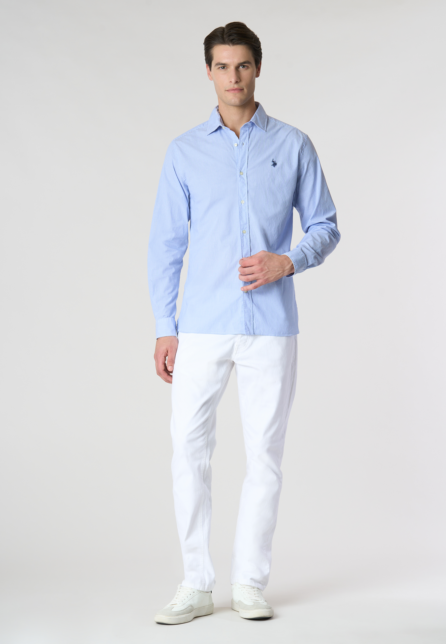 Camicia in cotone stretch popeline a righe slim fit con logo