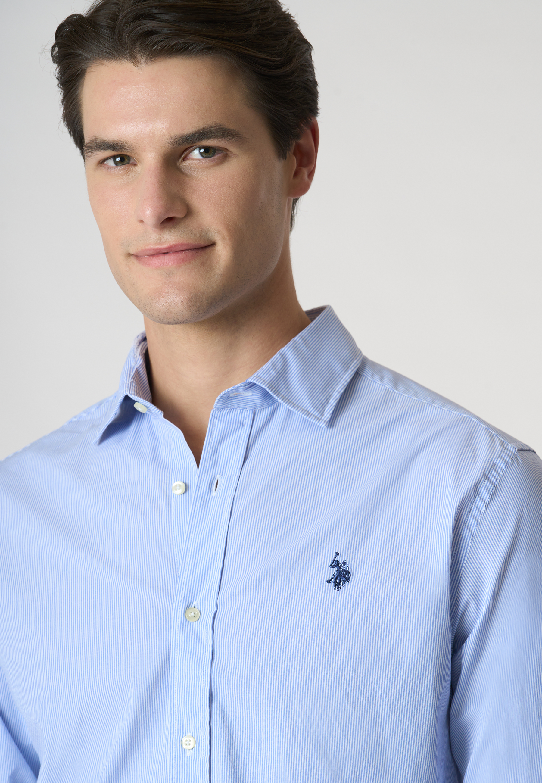 Camicia in cotone stretch popeline a righe slim fit con logo