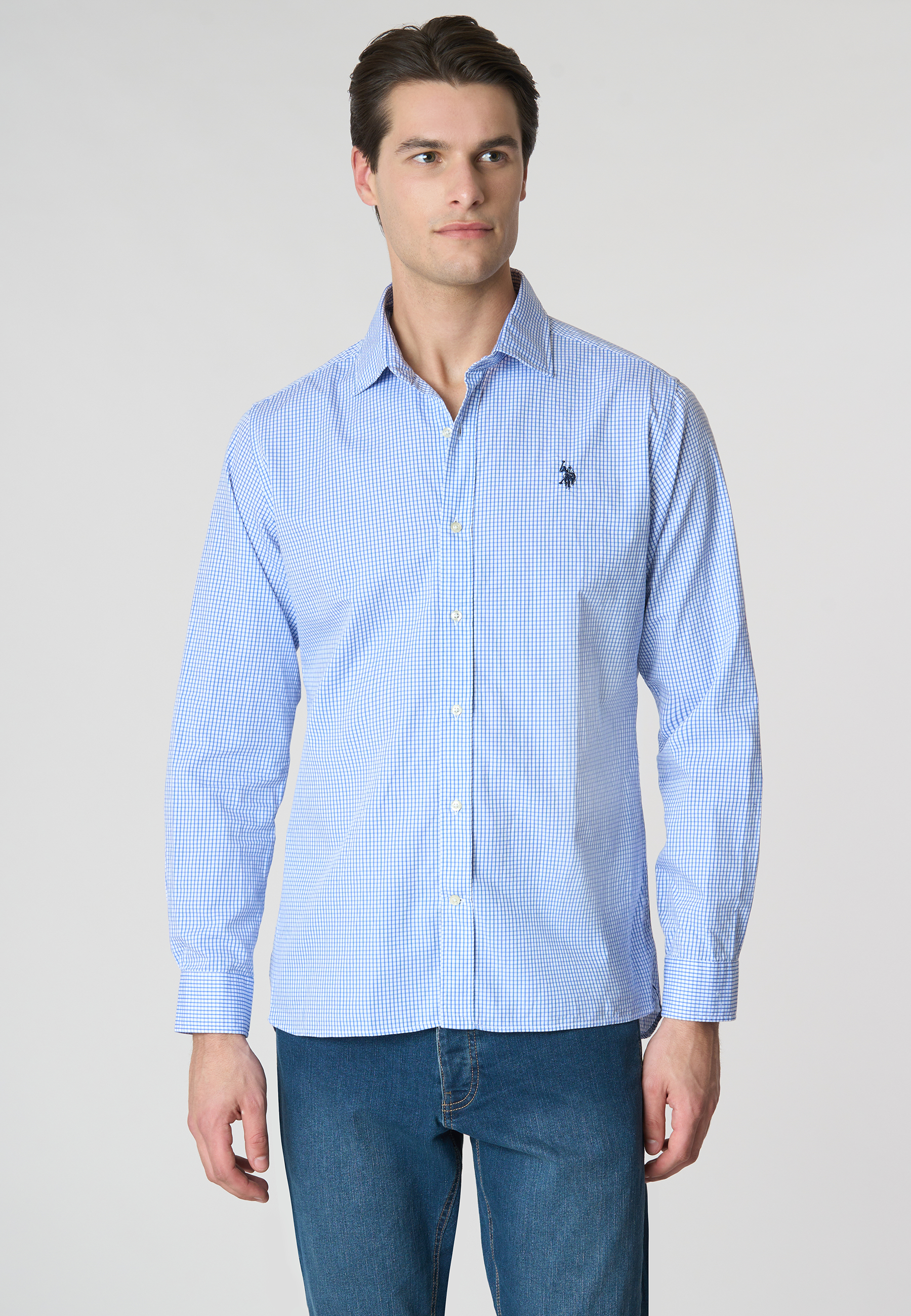 Camicia in cotone popeline a quadri slim fit con logo