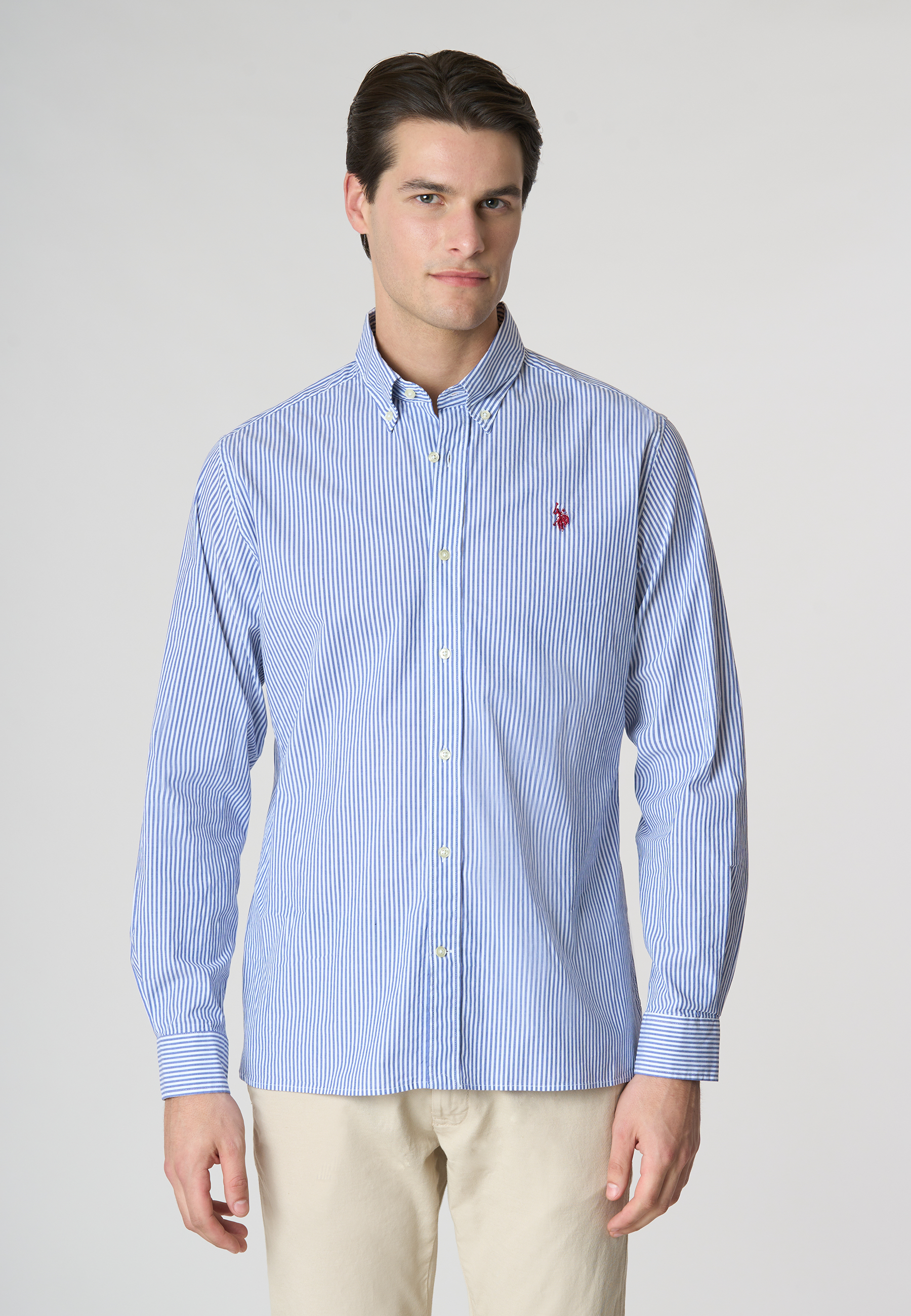 Camicia in cotone stretch popeline a righe slim fit con logo