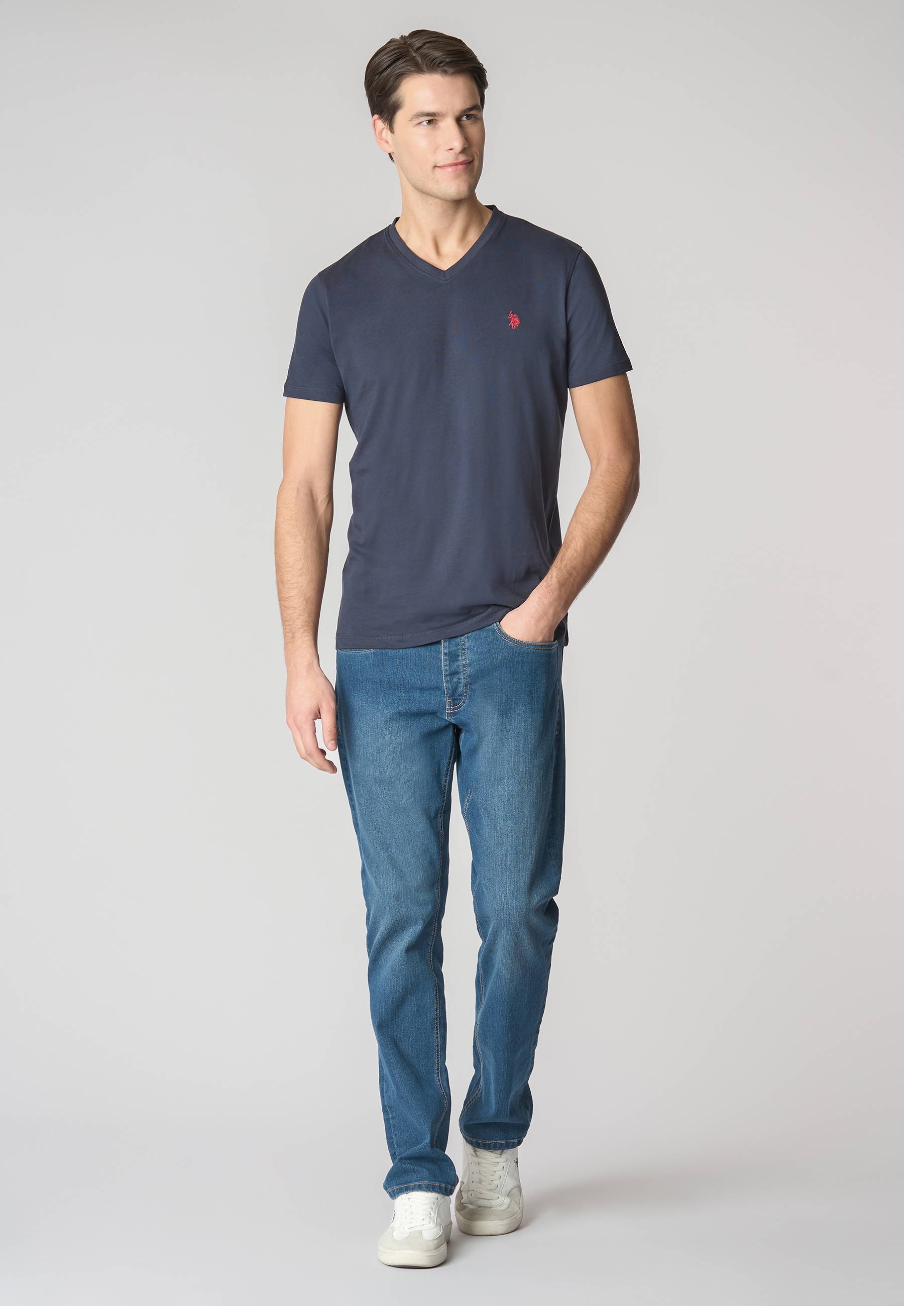 T-shirt a maniche corte con scollo a V in cotone con logo