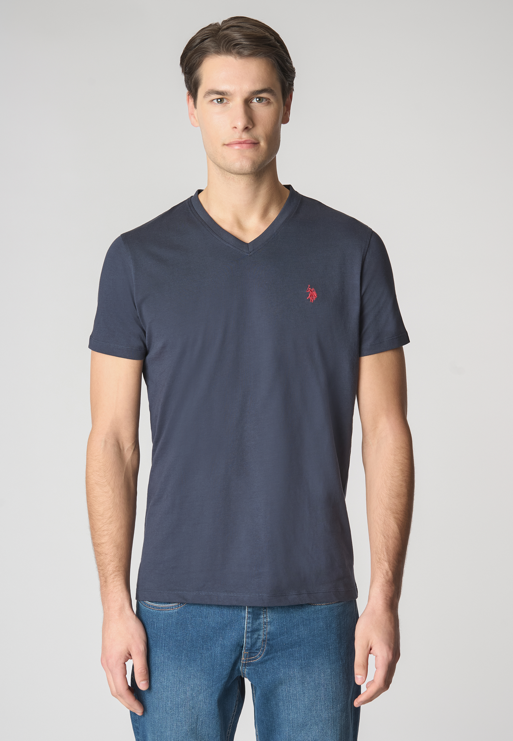 T-shirt a maniche corte con scollo a V in cotone con logo