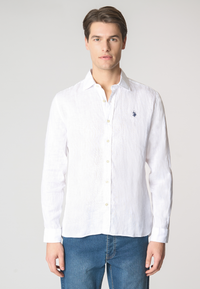 Camicia in lino chambray slim fit con logo