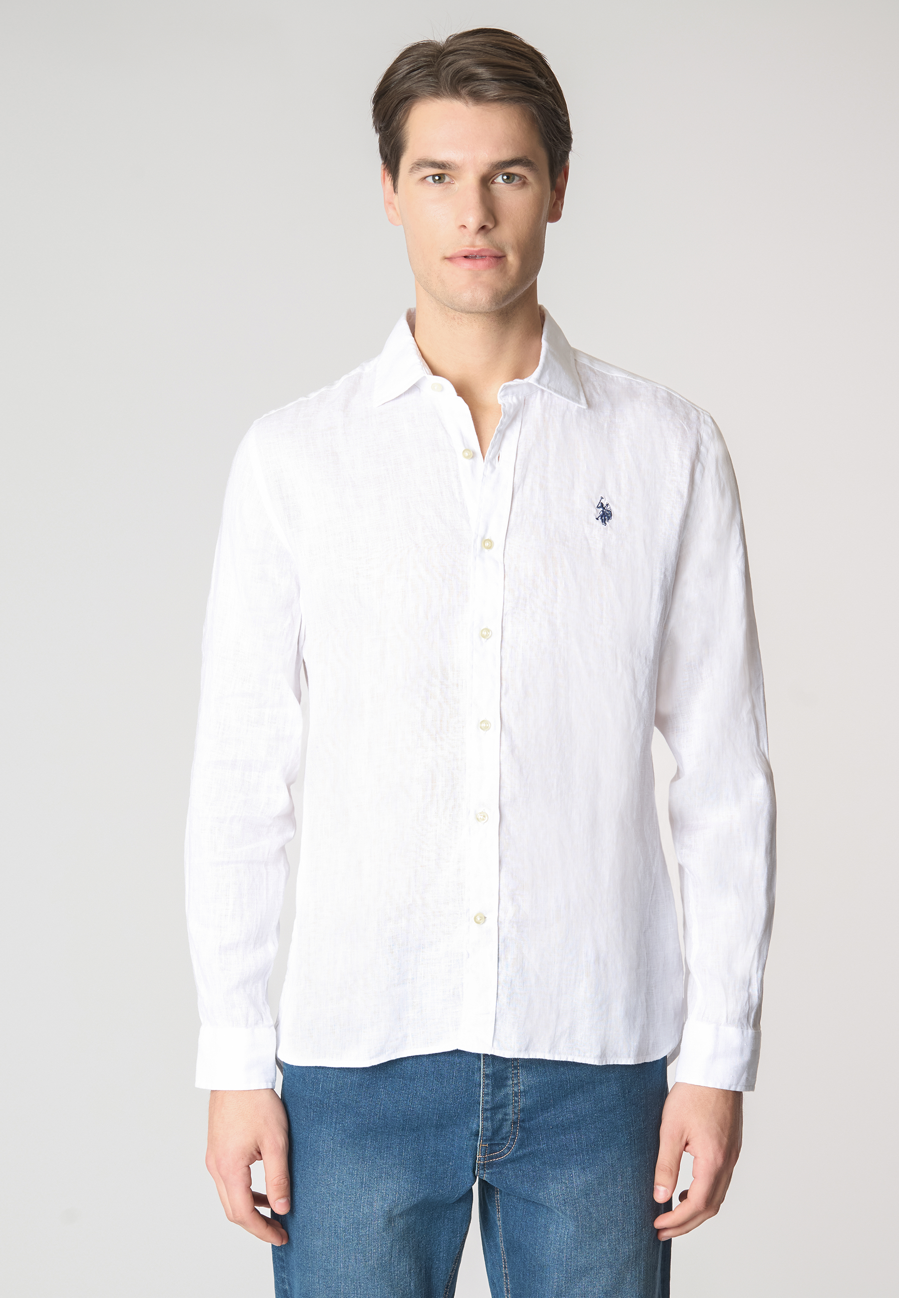 Camicia in lino chambray slim fit con logo