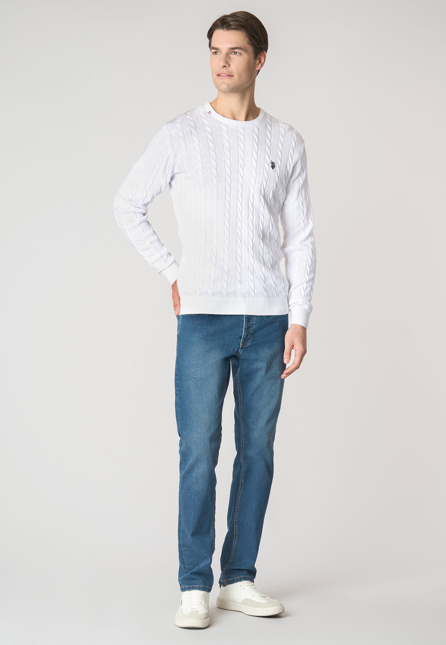 Maglia girocollo a treccia in cotone